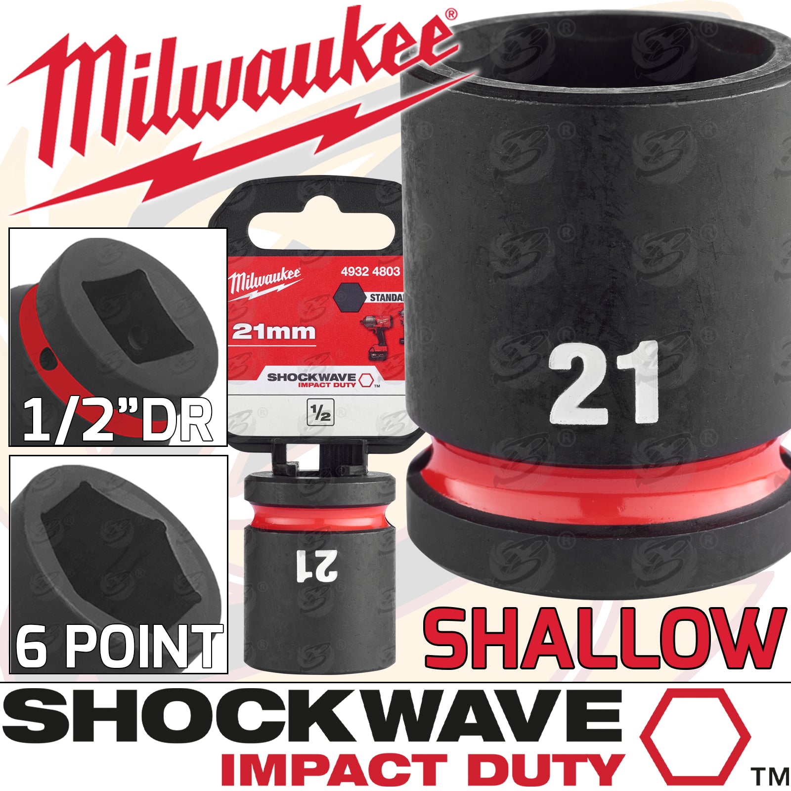 MILWAUKEE 21MM 1/2" DRIVE 6 POINT SHALLOW IMPACT SOCKET ( SINGLE )