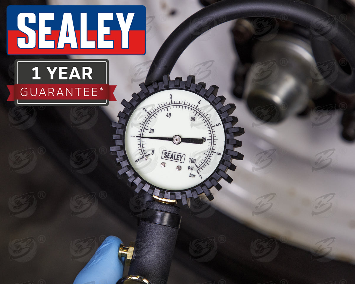 SEALEY TYRE INFLATOR WITH CLIP ON CONNECTOR 0 - 100PSI