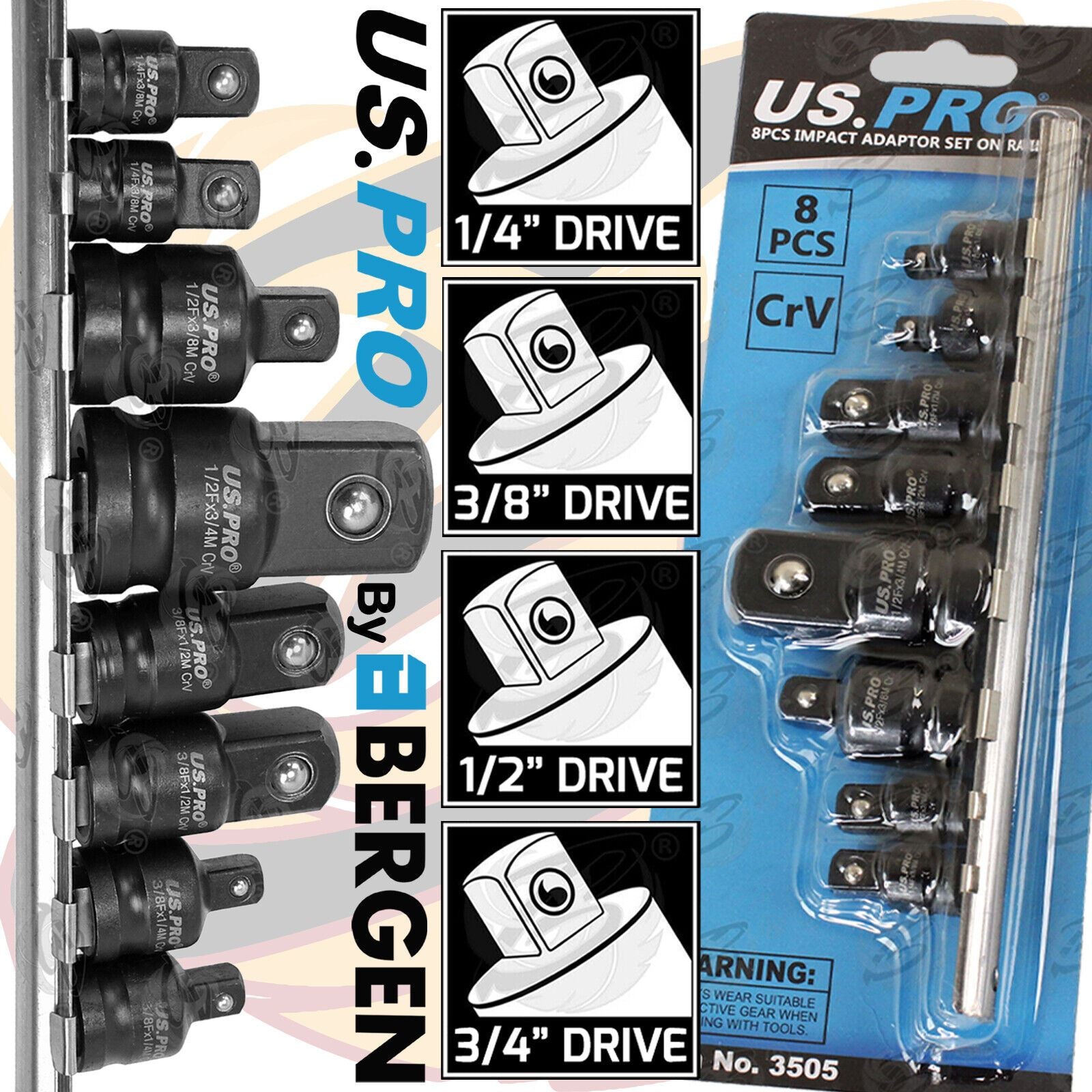 US Pro 8 Piece Impact Socket Adaptors ( 1/4" - 3/4" )  3505