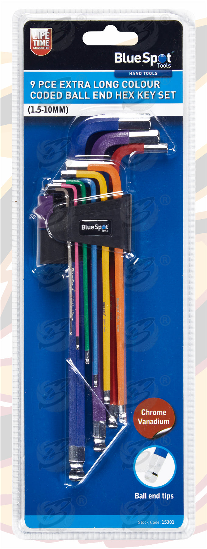 BLUESPOT 9PCS EXTRA LONG COLOUR CODED BALL END HEX KEY SET ( H1.5 - H10 )