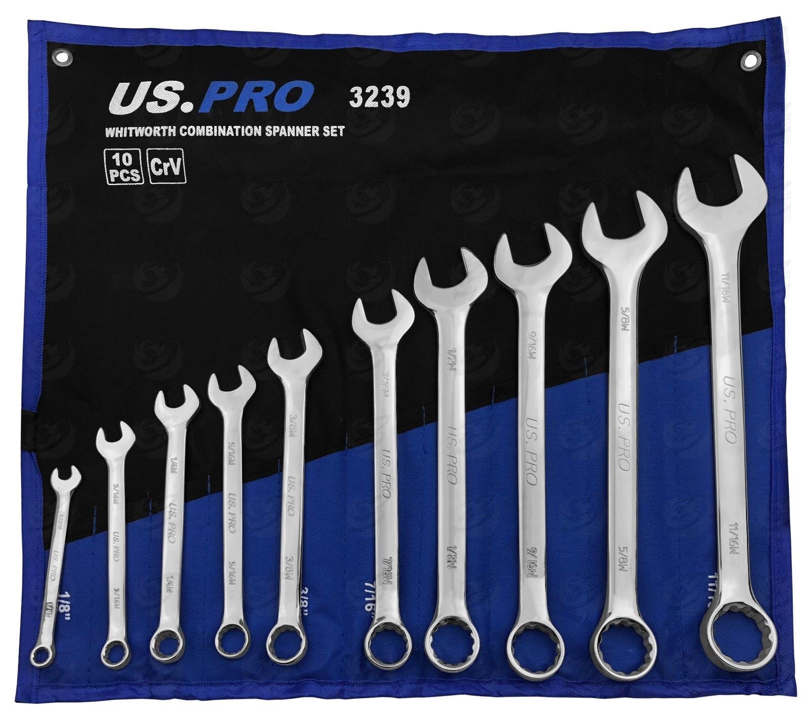 US PRO 10PCS WHITWORTH COMBINATION SPANNERS 1/8" - 11/16"