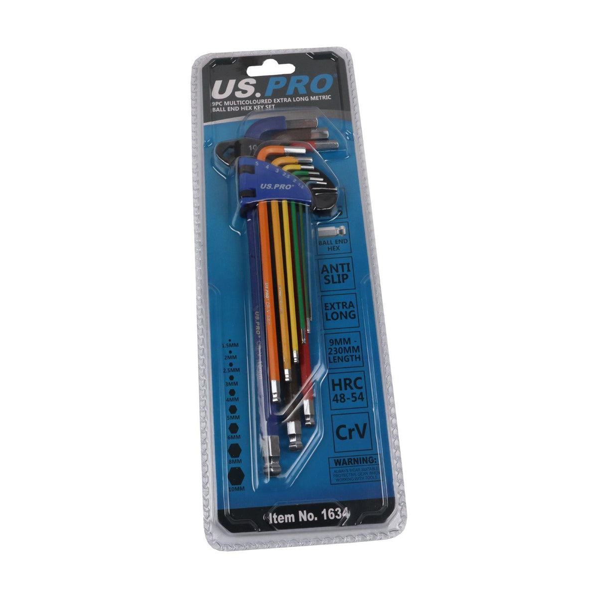 Us Pro 9 Piece Extra Long Colour Coded Ball End Hex Key Set ( H1.5 - H10 )  1634