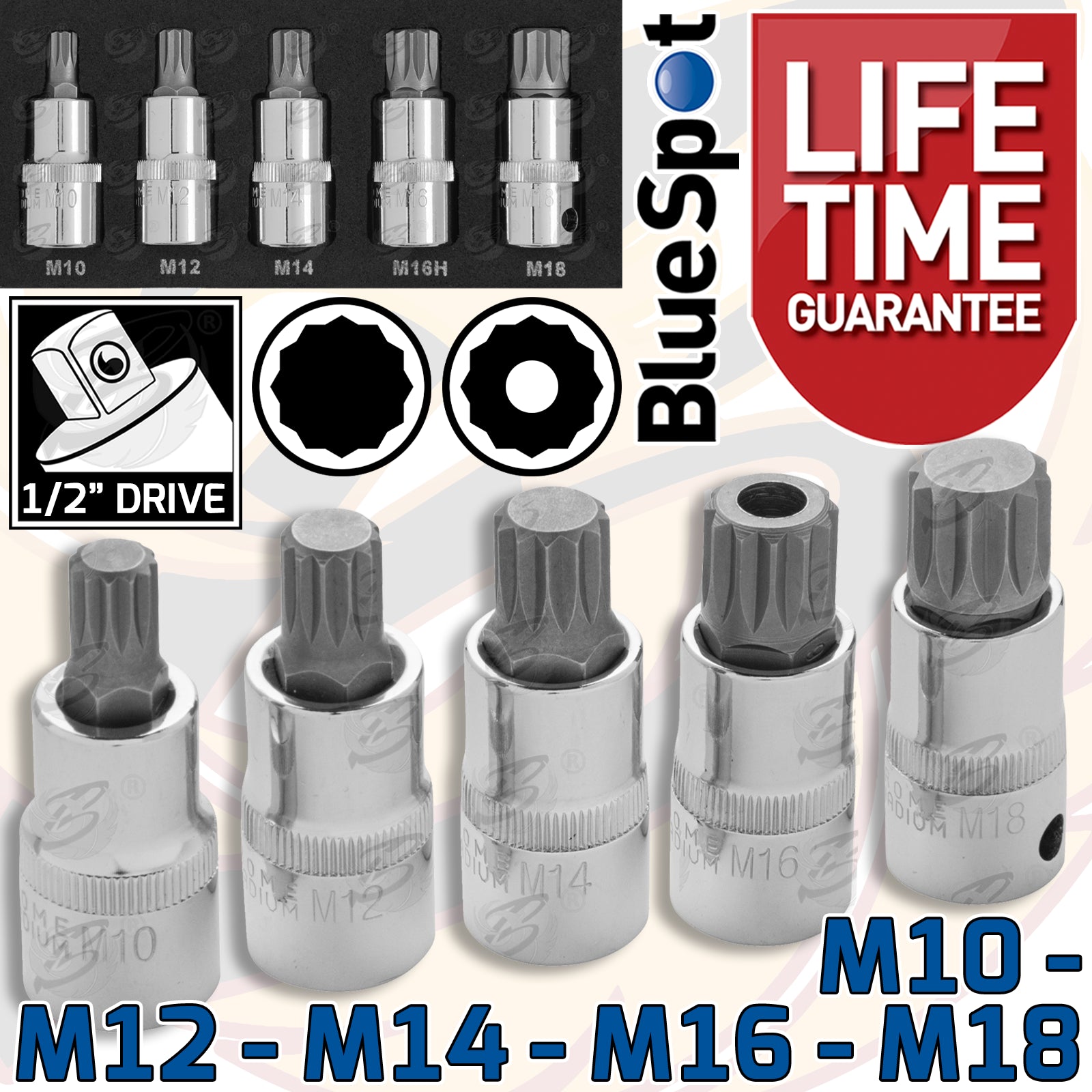 BLUESPOT 5PCS 1/2" DRIVE SPLINE BIT SOCKETS ( M10 - M18 )