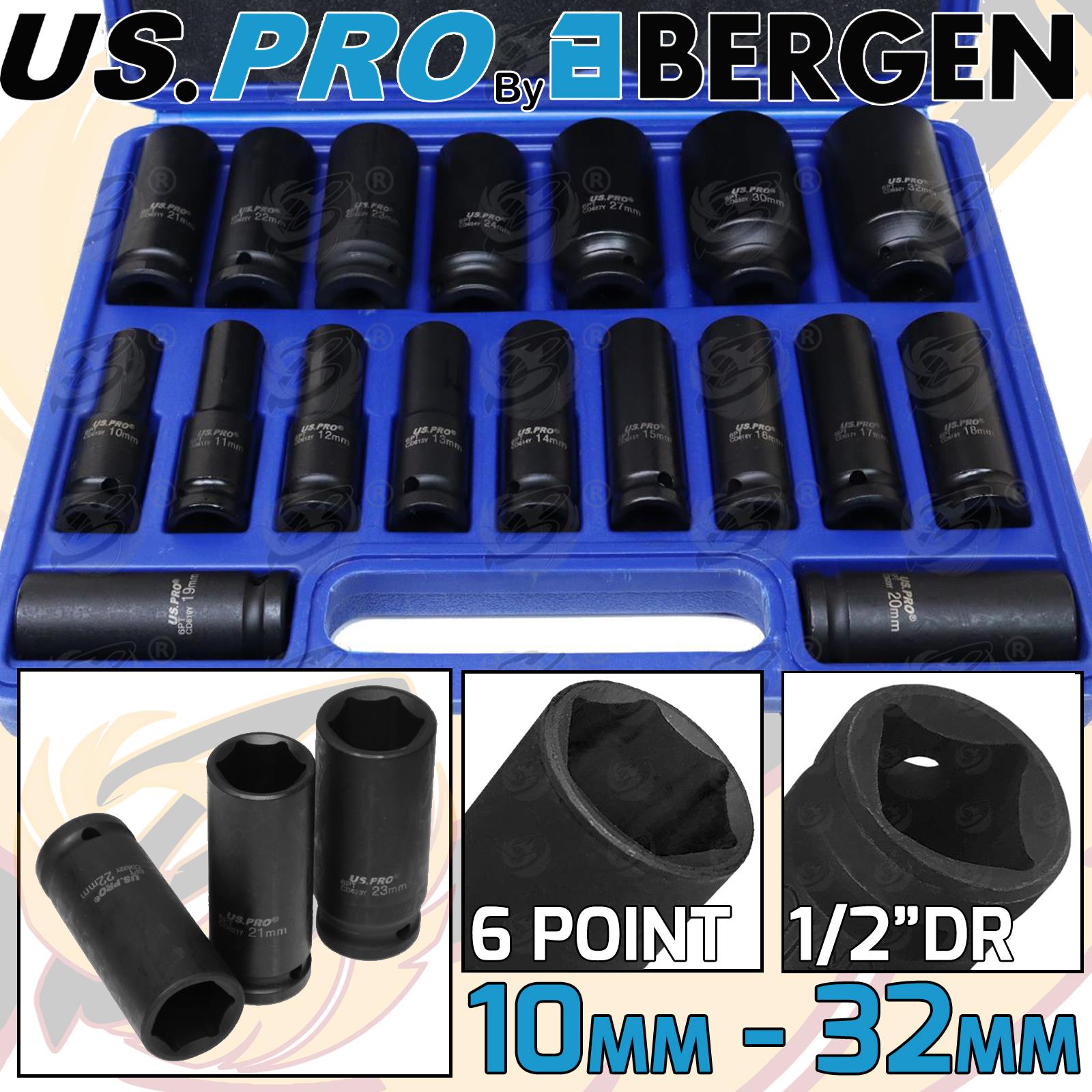 US PRO 18PCS 1/2" DRIVE 6 POINT DEEP IMPACT SOCKETS 10MM - 32MM