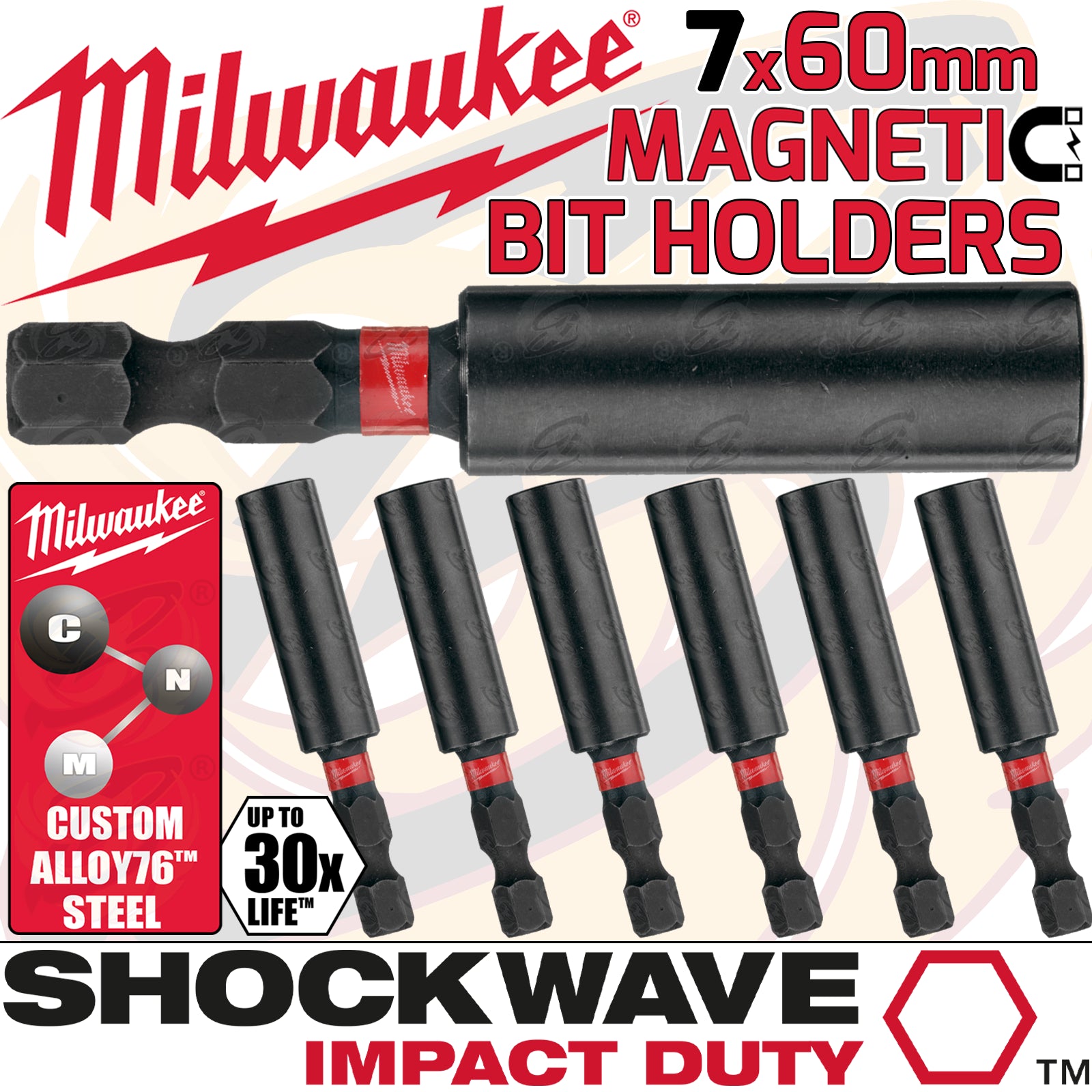 MILWAUKEE 60MM MAGNETIC BIT HOLDER ( SHOCKWAVE IMPACT DUTY ) ( X 7 )