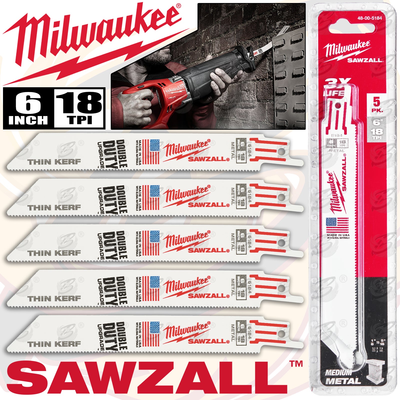 MILWAUKEE SAWZALL RECIPROCATING SAW BLADE 150mm x 18TPI METAL SAW BLADES ( x 5 )
