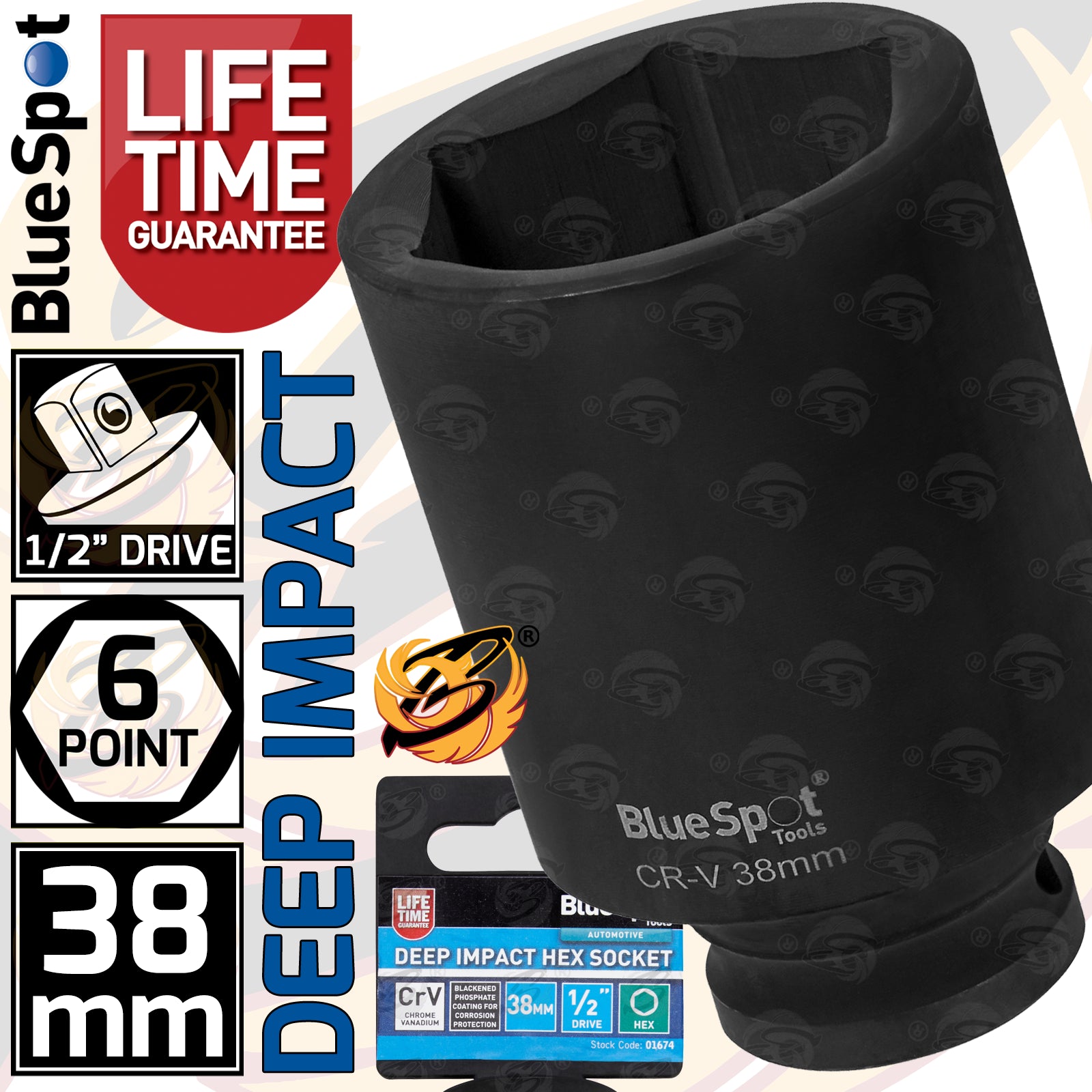 BLUESPOT 38MM 1/2" DRIVE 6 POINT DEEP IMPACT SOCKET ( SINGLE )