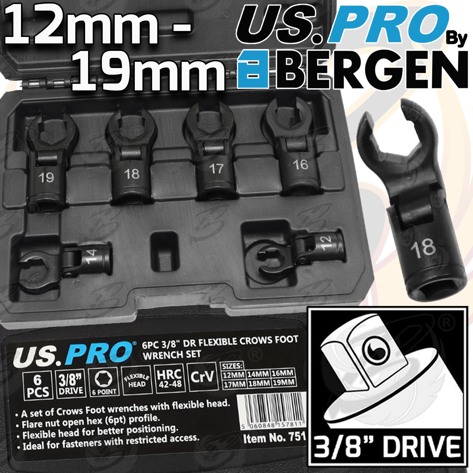 US PRO 6PCS 3/8" DRIVE FLEXIBLE CROWS FOOT WRENCH SOCKETS ( 12MM - 19MM ) ( BLACK )