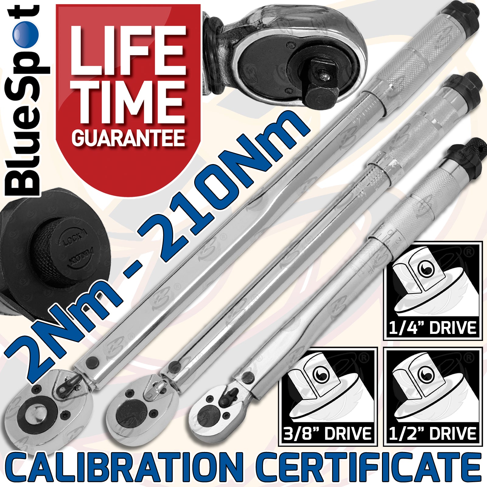 BLUESPOT 3PCS 1/4" & 3/8" & 1/2" DRIVE CALIBRATED TORQUE WRENCH SET 2Nm - 210Nm