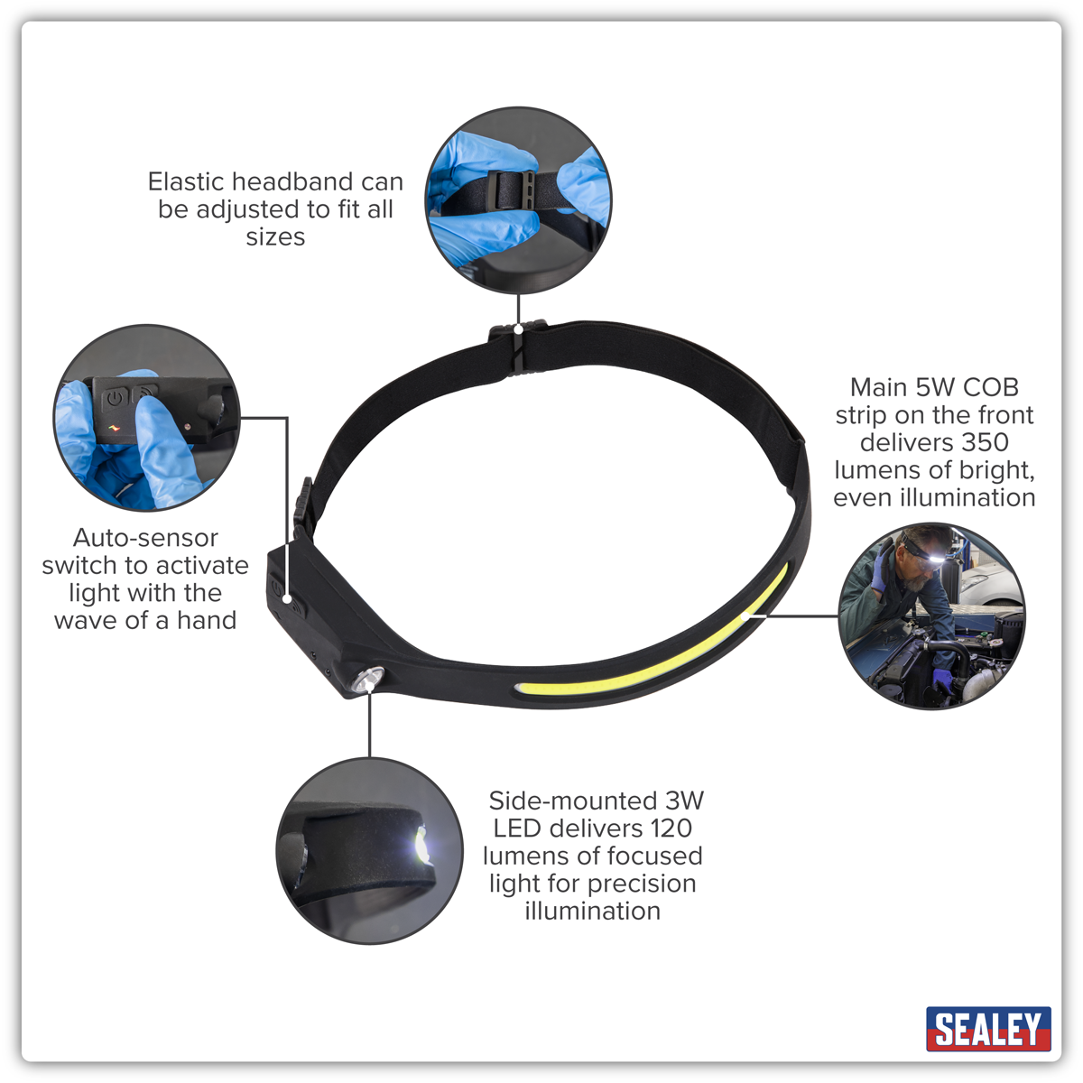 Sealey Rechargeable Head Torch with Auto-Sensor 5W COB & 3W LED  HT104R