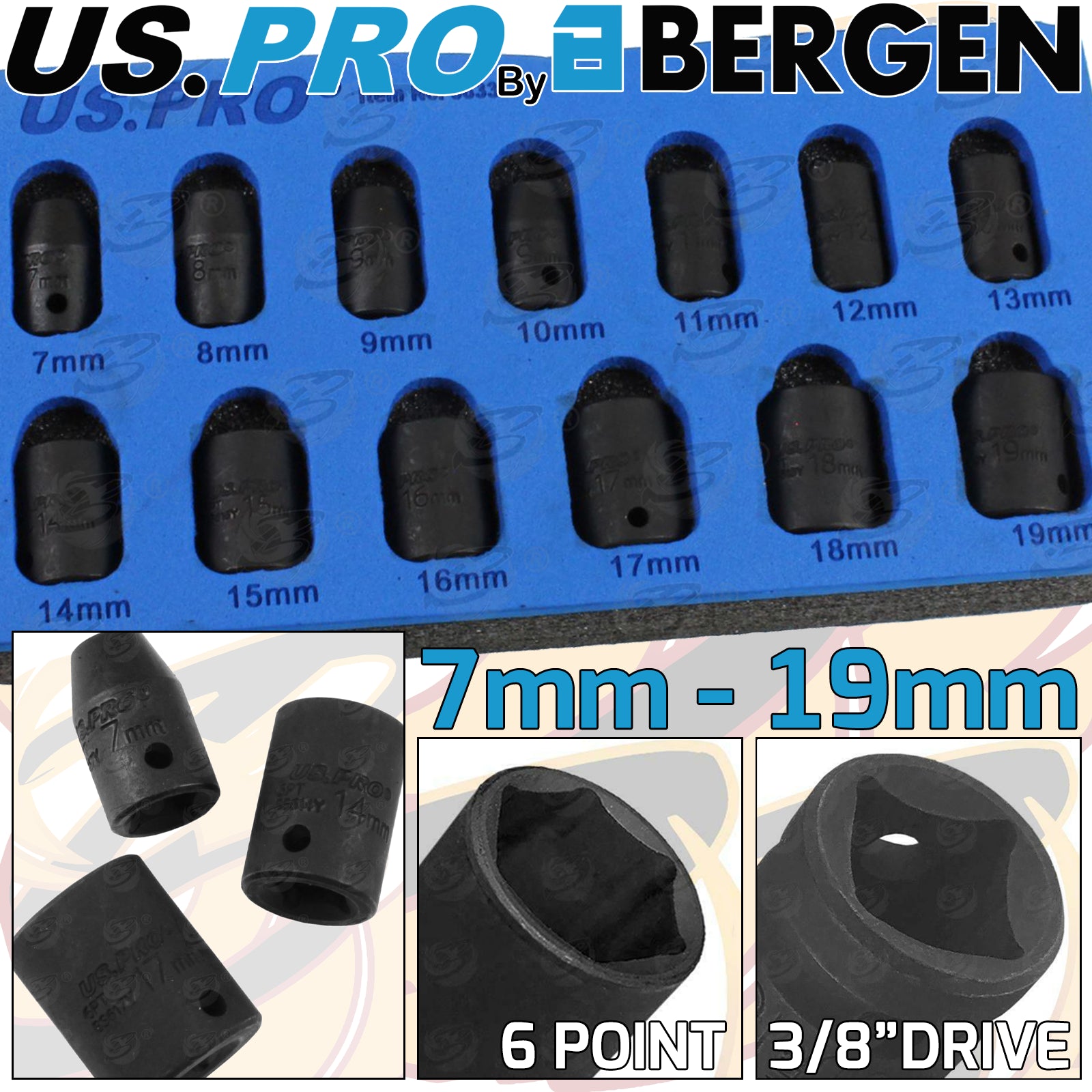US PRO 13PCS 3/8" DRIVE 6 POINT SHALLOW IMPACT SOCKETS 7MM - 19MM