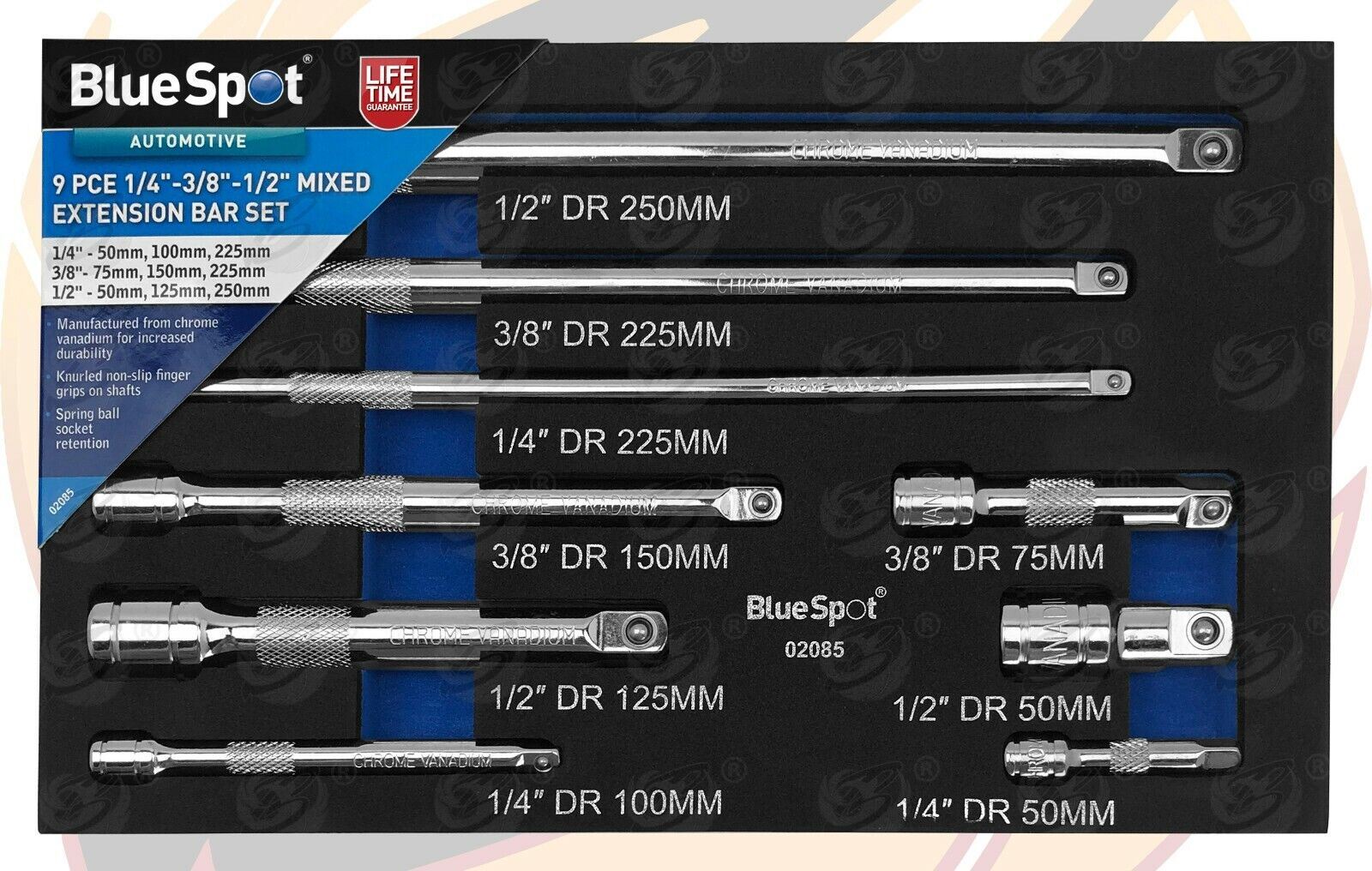BLUESPOT 9PCS 1/4" & 3/8" & 1/2" DRIVE EXTENSION BARS 50MM - 250MM