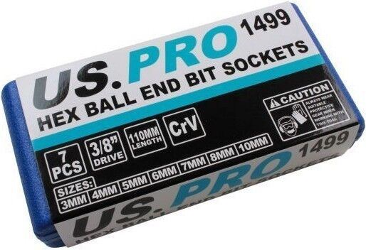 US Pro 7 Piece 3/8" Drive Extra Long Ball Ended Hex Bit Sockets H3 - H10  1499