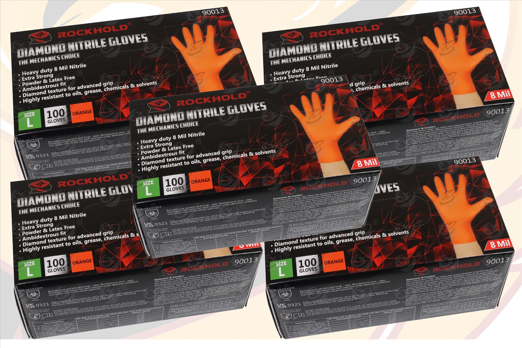 ROCKHOLD HEAVY DUTY ORANGE 8 MIL NITRILE DIAMOND GRIP GLOVES ( LARGE - 500 GLOVES )