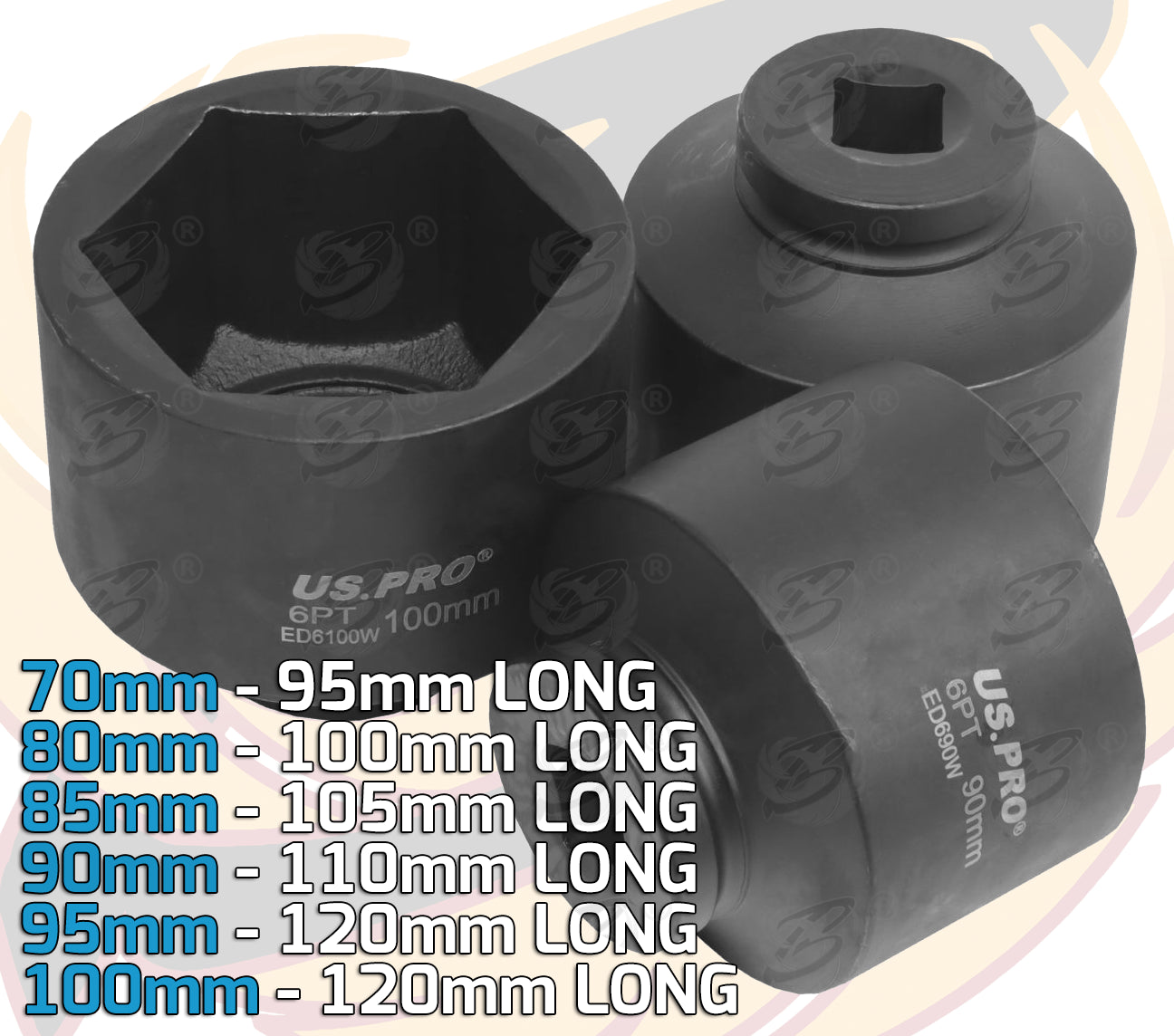 US PRO 6PCS 1" DRIVE 6 POINT JUMBO IMPACT SOCKETS ( 70MM - 80MM - 85MM - 90MM - 95MM - 100MM )
