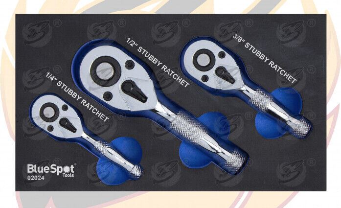BlueSpot 3 Piece 72 Tooth Stubby Ratchet Handle Set 1/4" & 3/8" & 1/2" Drive ( 02024 )