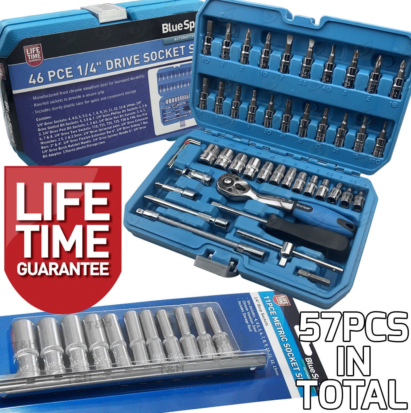 BLUESPOT 57PCS 1/4" DRIVE 6 POINT DEEP & SHALLOW SOCKET SET 4MM - 14MM
