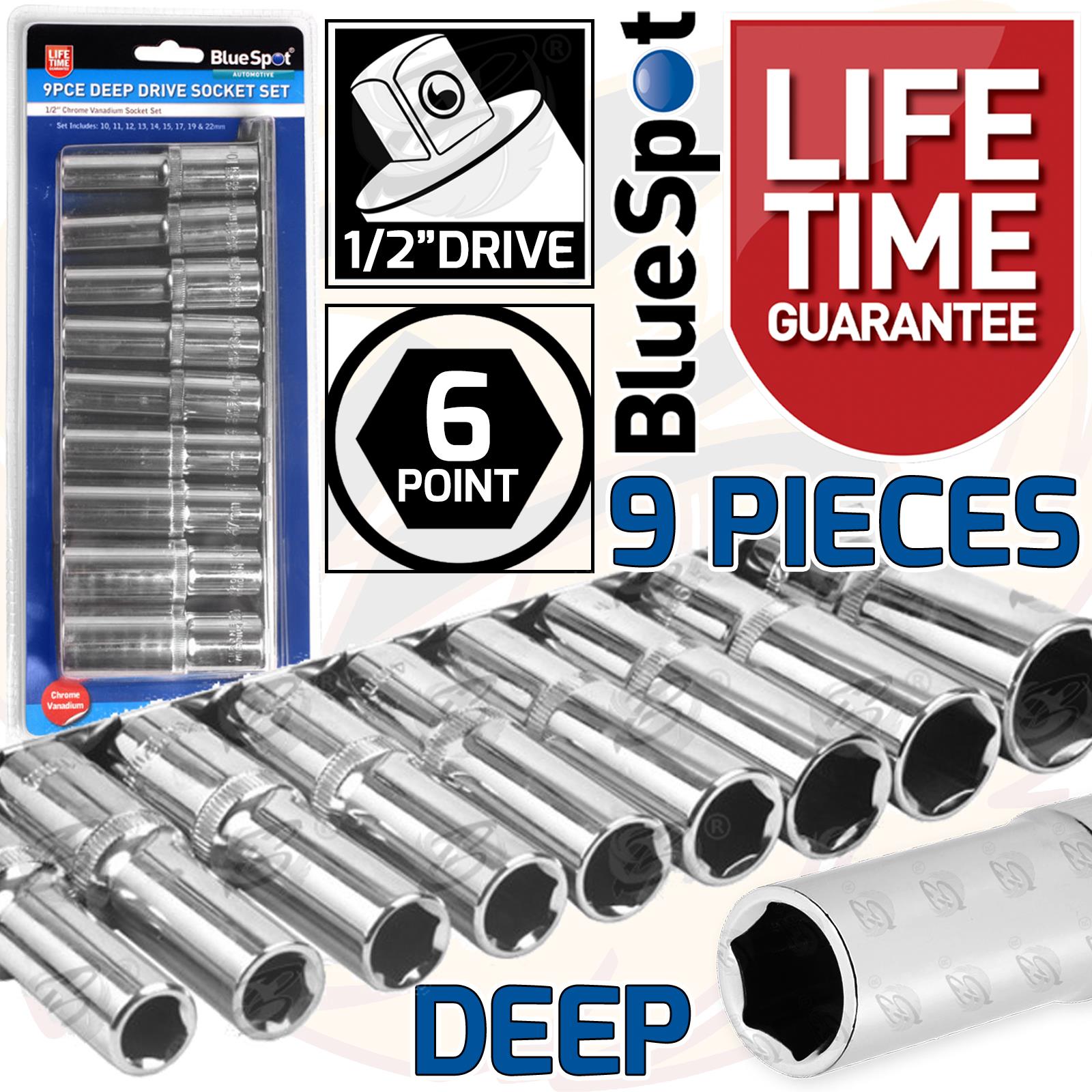 BLUESPOT 9PCS 1/2" DRIVE 6 POINT DEEP SOCKETS 10MM - 22MM