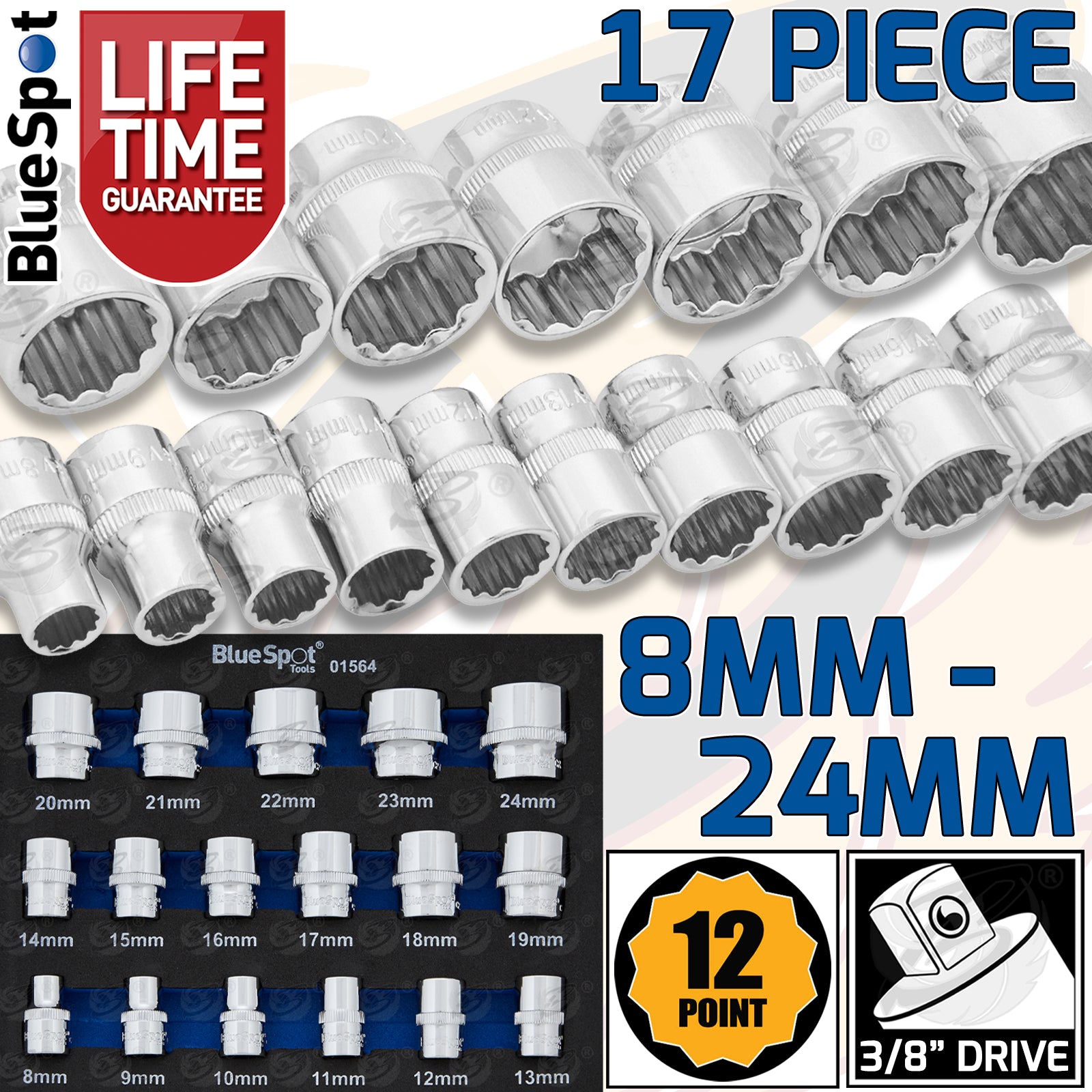 BLUESPOT 17PCS 3/8" DRIVE 12 POINT SHALLOW SOCKETS 8MM - 24MM