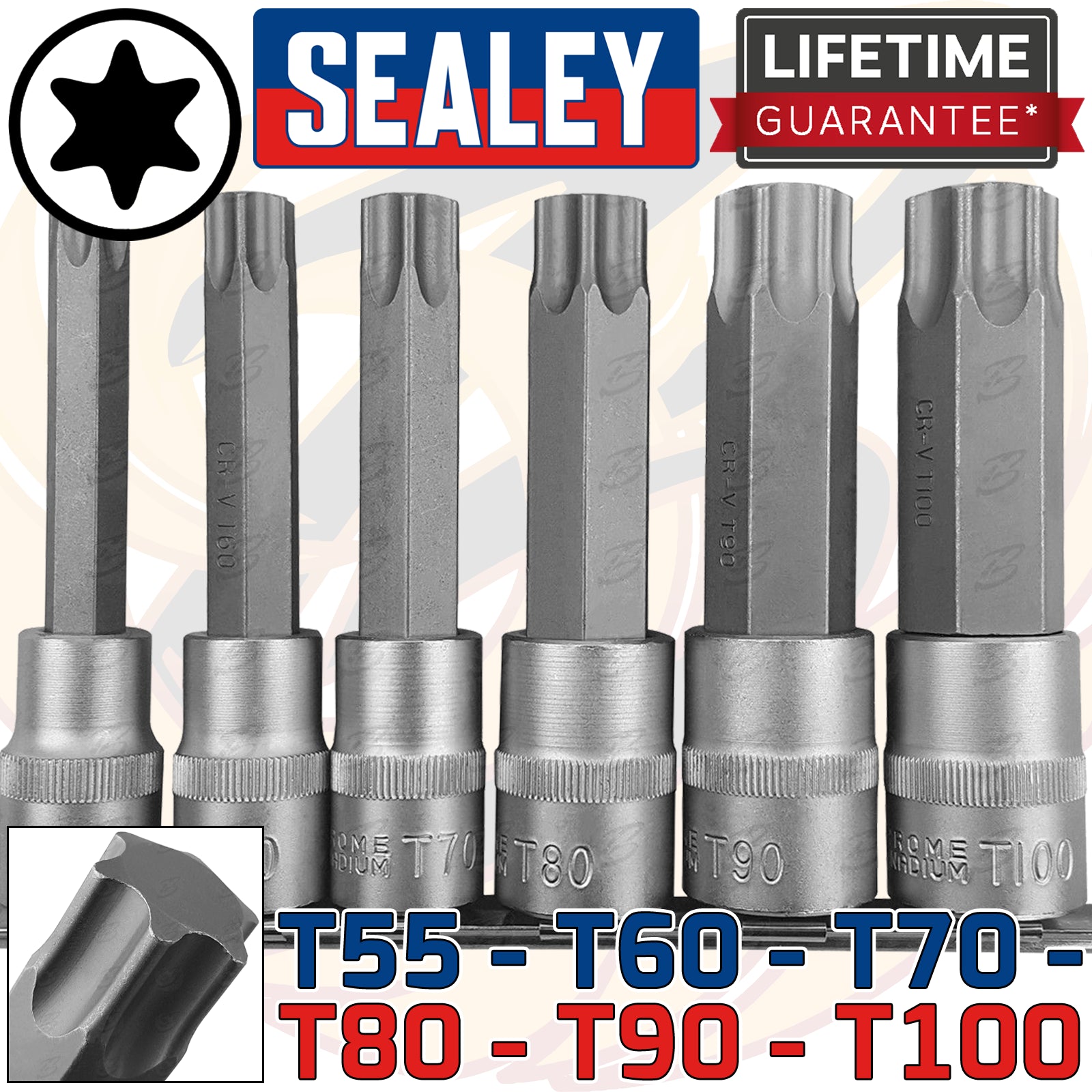 SEALEY 6PCS 1/2" DRIVE EXTRA LARGE TORX BIT SOCKETS T55 - T100