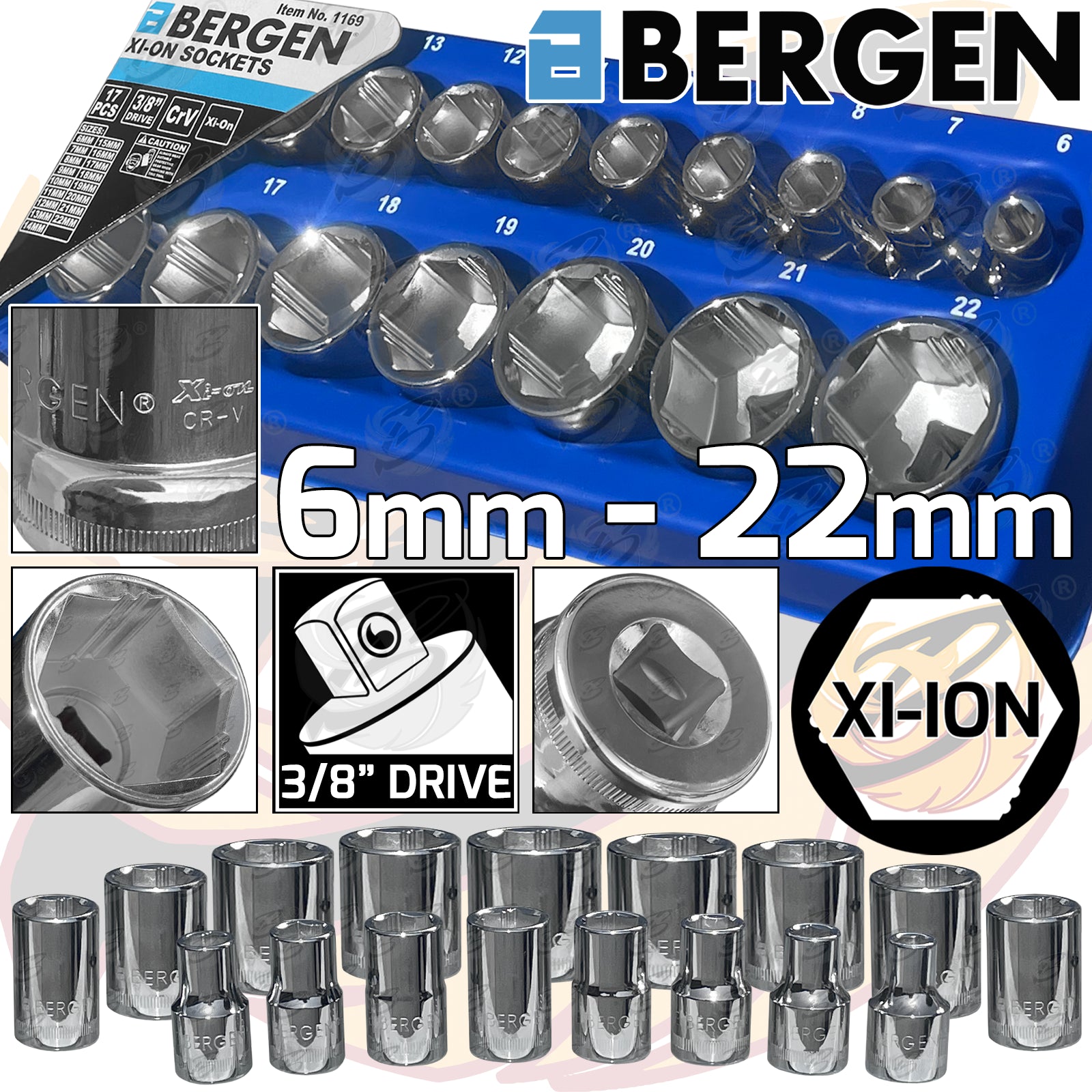 BERGEN 17PCS 3/8" DRIVE 6 POINT SHALLOW Xi - ION SOCKETS 6MM - 22MM