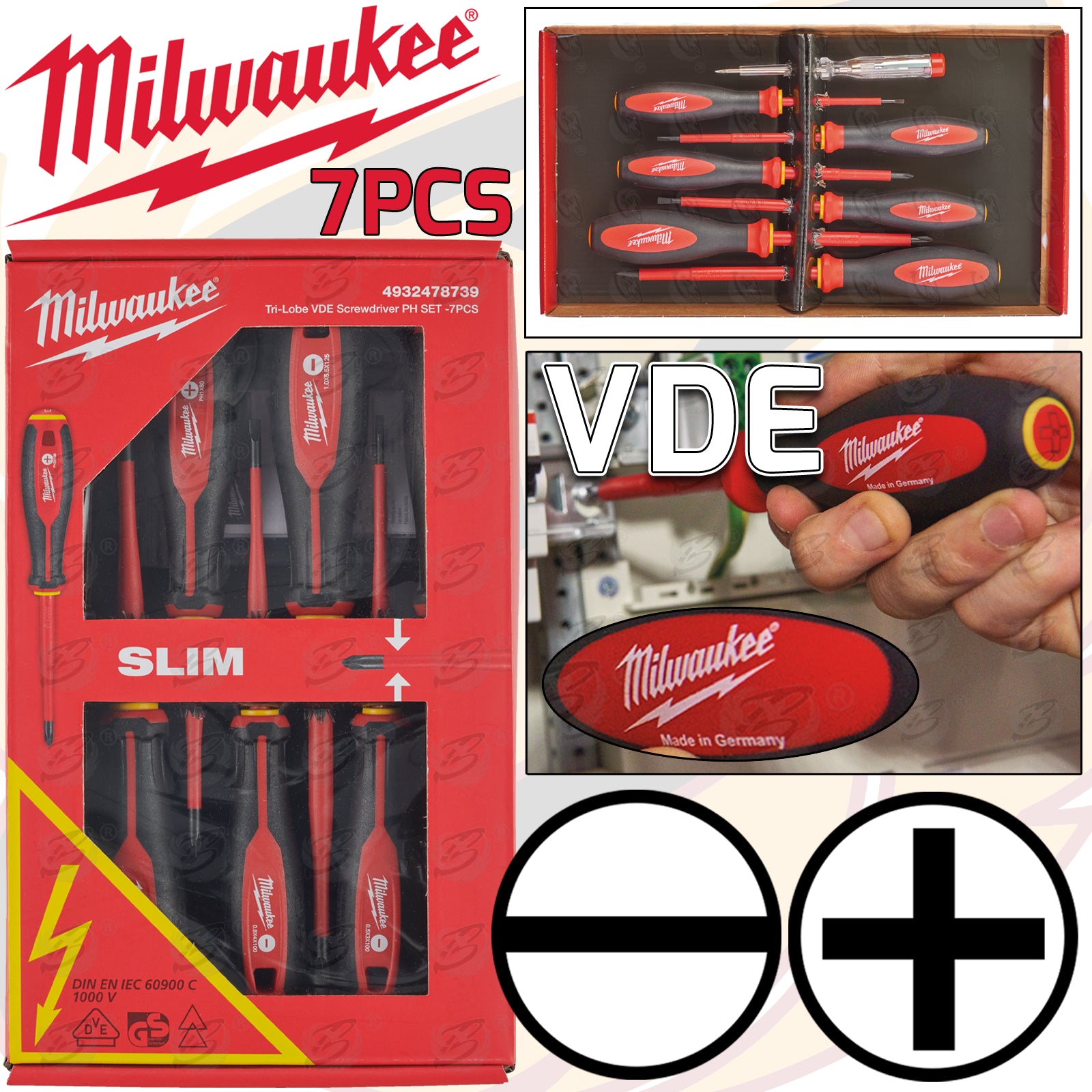 MILWAUKEE 7PCS TRI - LOBE VDE SCREWDRIVER SET ( SLOTTED - PHILLIPS )