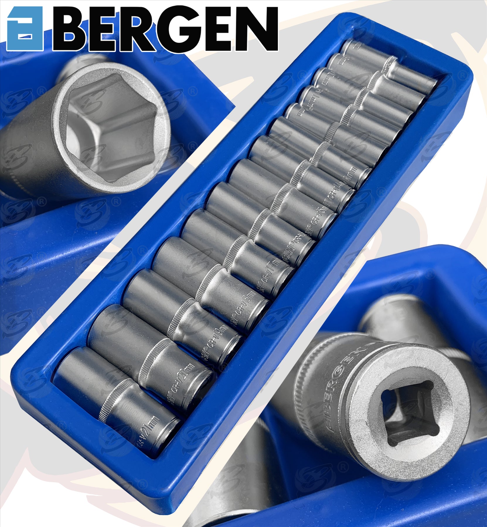 BERGEN 14PCS 3/8" DRIVE 6 POINT DEEP SOCKETS 8MM - 21MM ( SATIN FINISH )