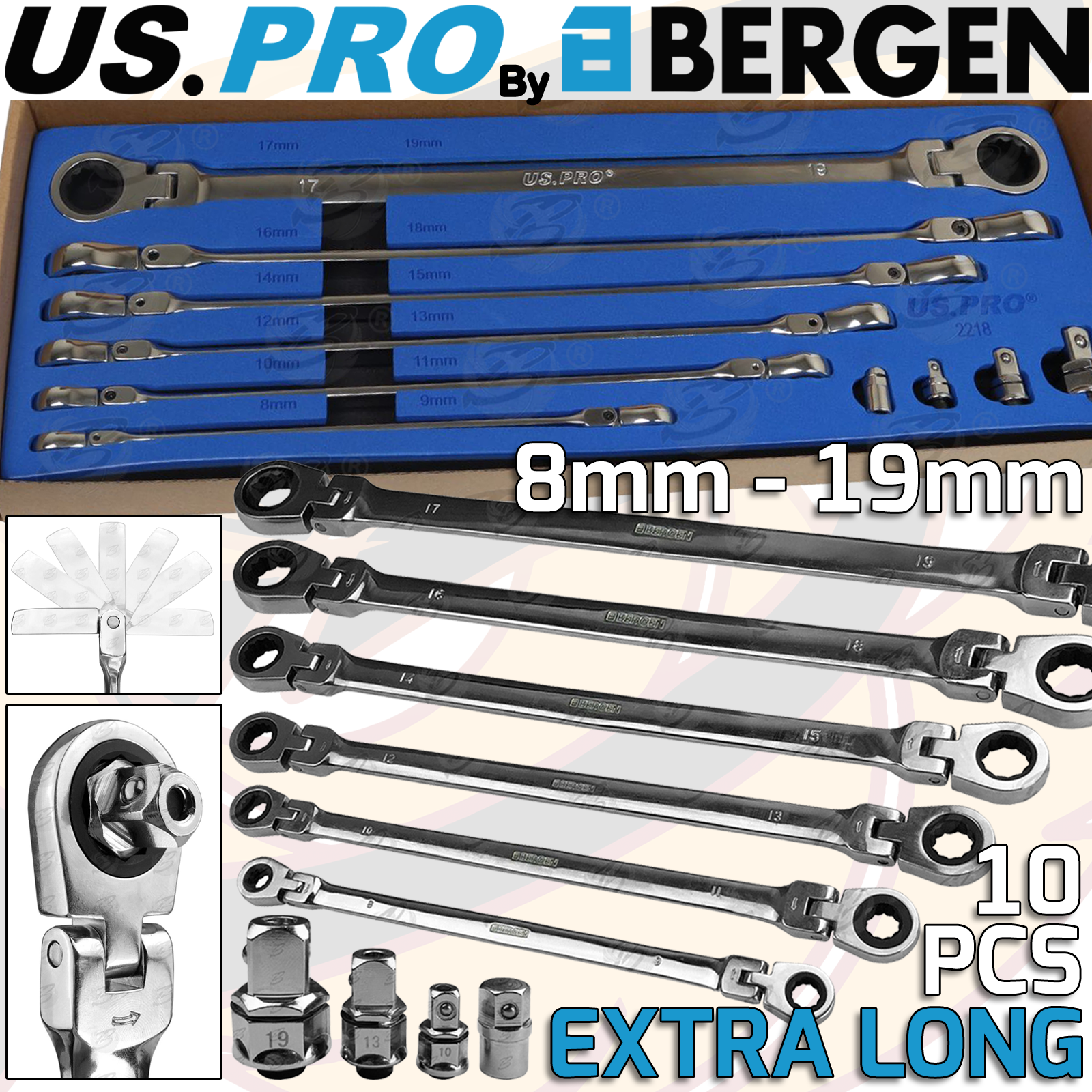 US Pro 10 Piece Double Ring Extra Long Rathcet Aviation Spanners 8mm - 19mm 2218