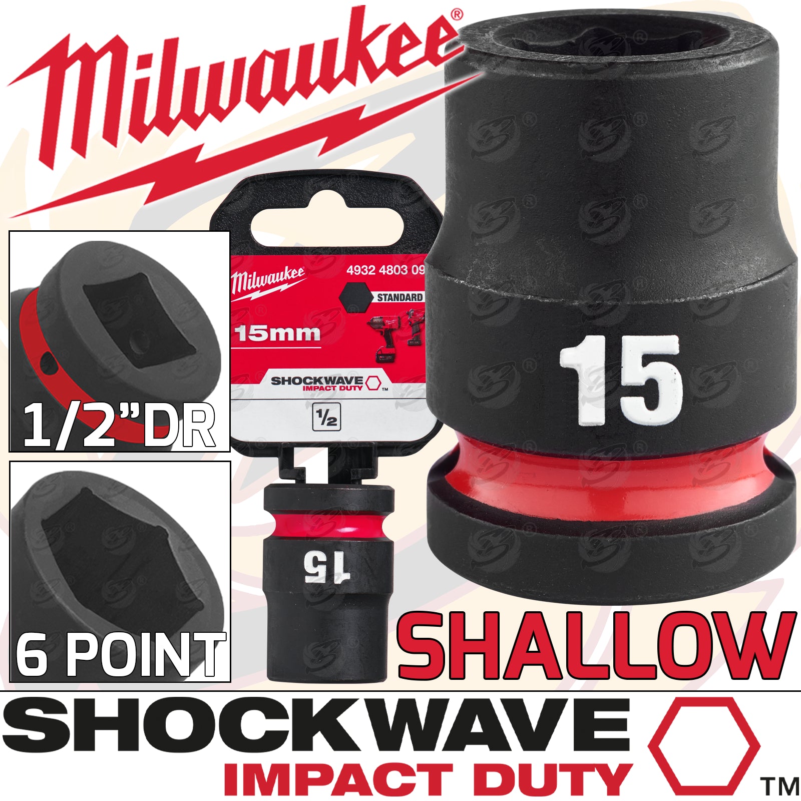 MILWAUKEE 15MM 1/2" DRIVE 6 POINT SHALLOW IMPACT SOCKET ( SINGLE )