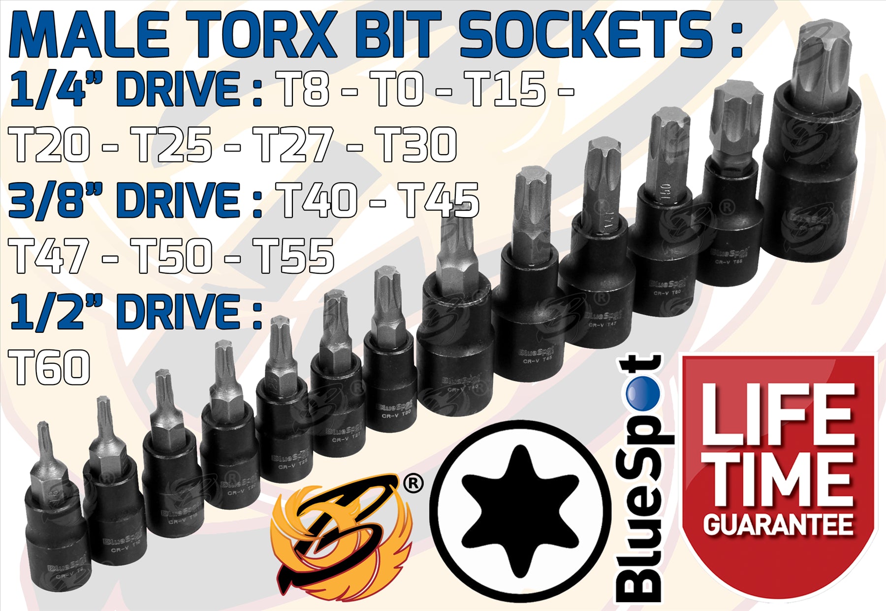 BLUESPOT 25PCS 1/4" & 3/8" & 1/2" DRIVE TORX & E - TORX SOCKETS ( E4 - E22 ) ( T8 - T60 )