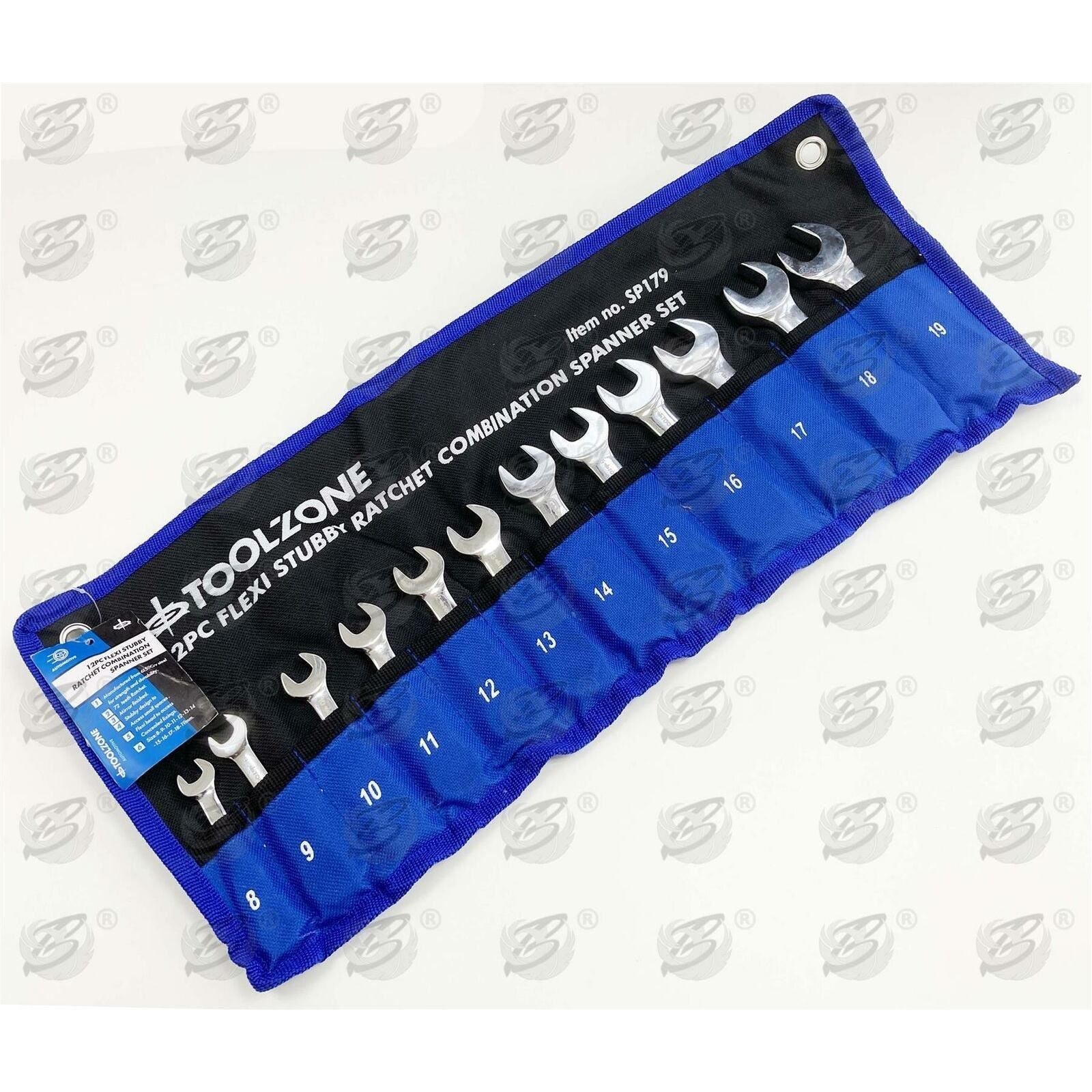 TOOLZONE 12PCS COMBINATION STUBBY FLEXIBLE RATCHET SPANNER SET 8MM - 19MM