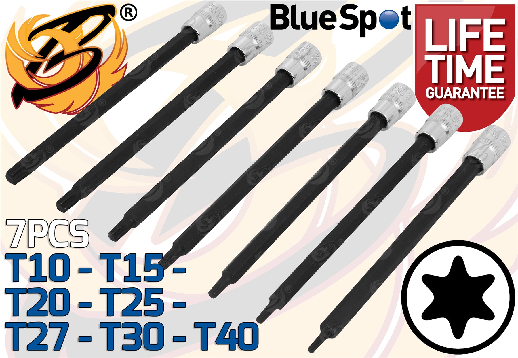 BLUESPOT 7PCS 1/4" EXTRA LONG IMPACT TORX BIT SOCKETS T10 - T40