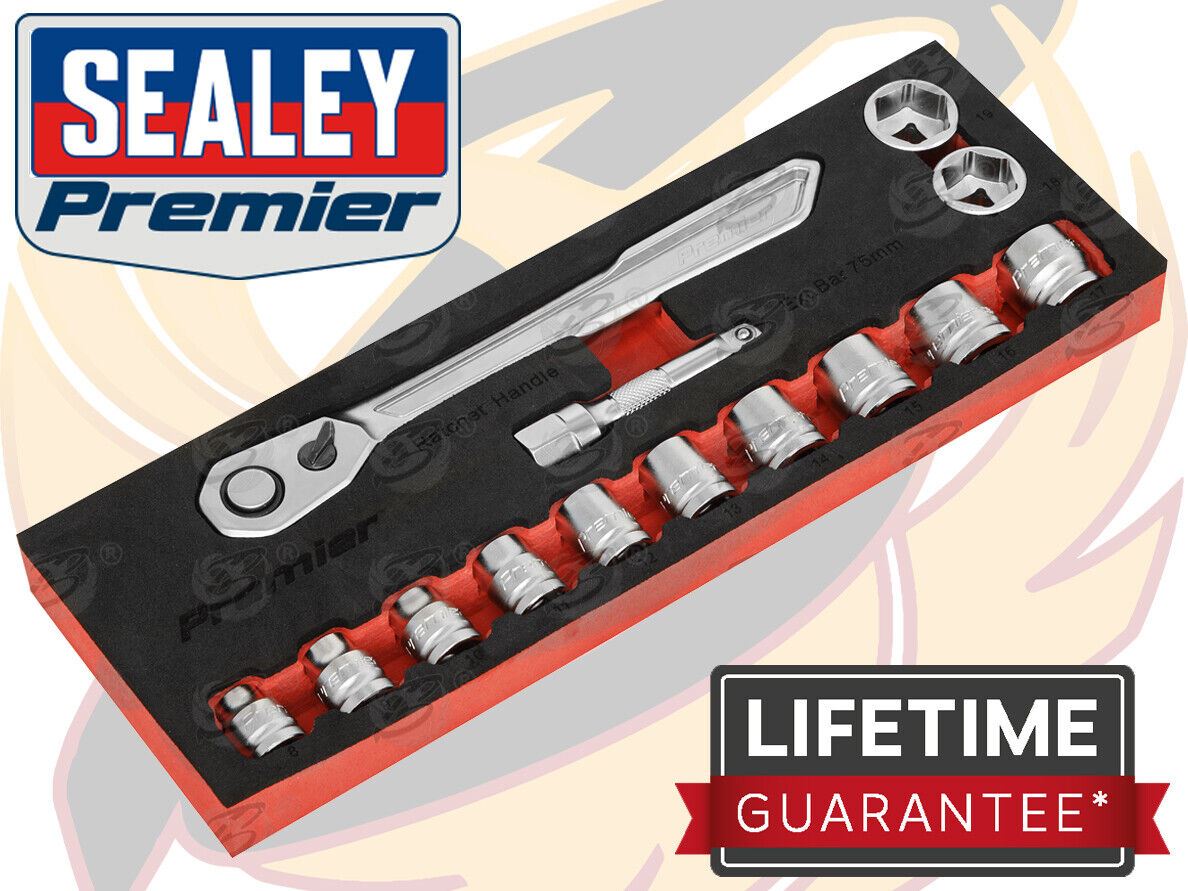 SEALEY 14PCS 3/8" DRIVE 6 POINT 90 TOOTH LOW PROFILE SOCKET SET 8MM - 19MM