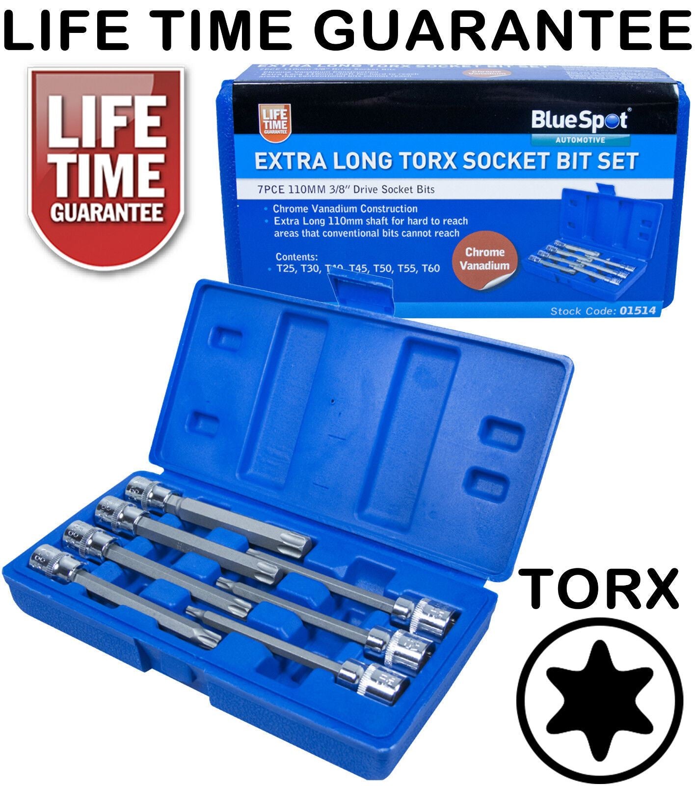 BLUESPOT 7PCS 3/8" DRIVE EXTRA LONG TORX BIT SOCKETS T25 - T60