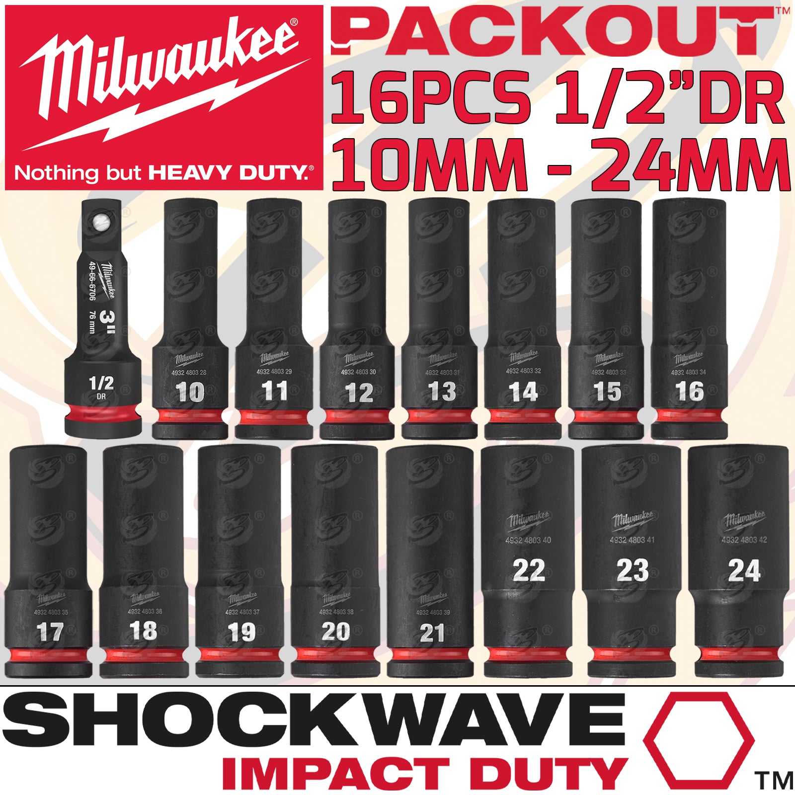 MILWAUKEE 16PCS 1/2" DRIVE 6 POINT DEEP IMPACT SOCKETS 10MM - 24MM IN PACKOUT ( SHOCKWAVE IMPACT DUTY )