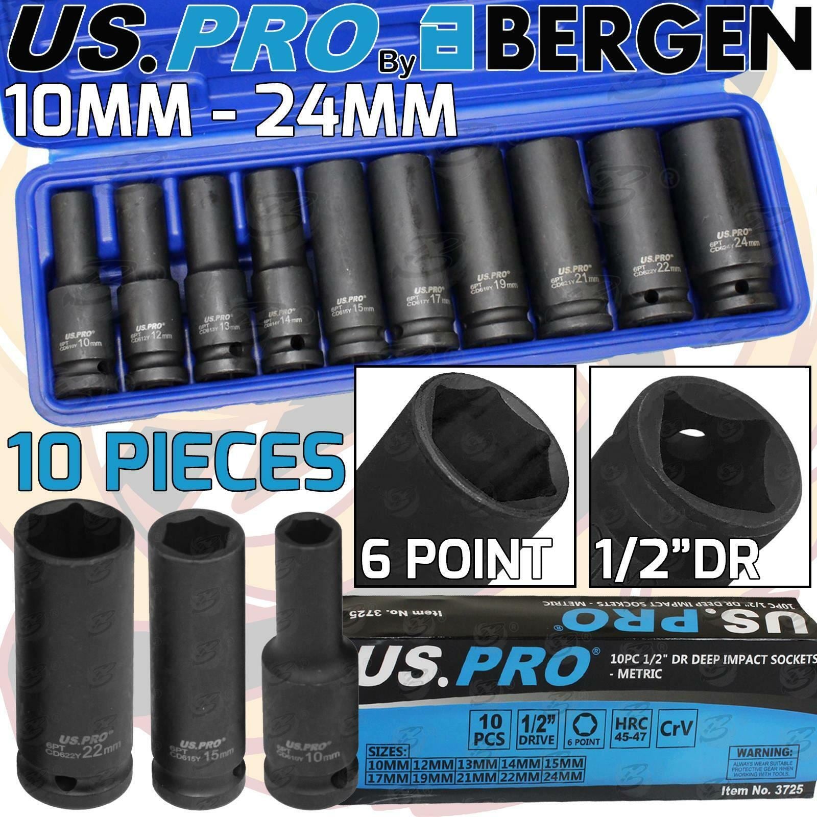 US Pro 10 Piece 1/2" Drive 6 Point Deep Impact Sockets 10mm - 24mm ( 3725 )