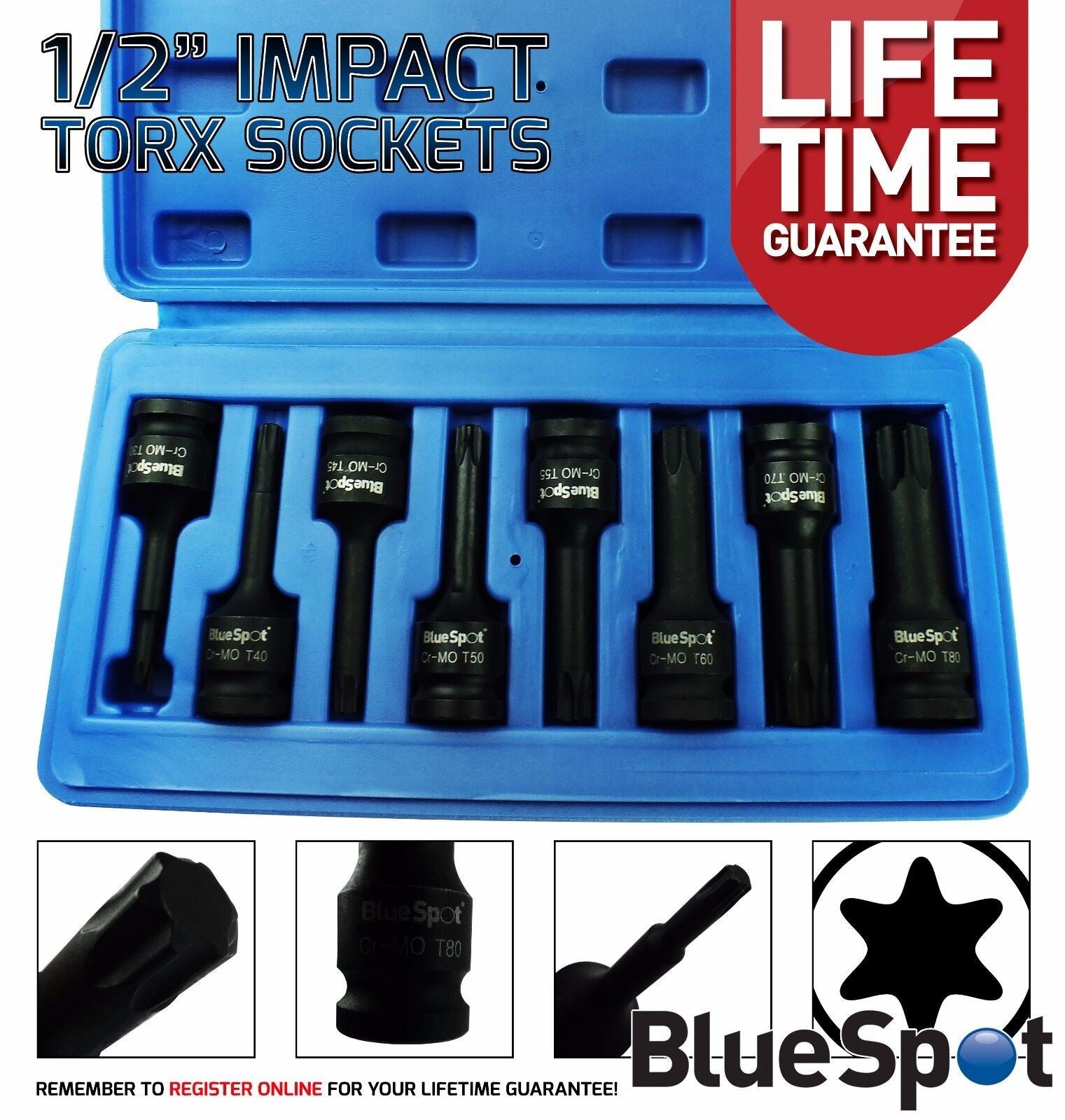 BLUESPOT 8PCS 1/2" DRIVE IMPACT TORX BIT SOCKETS T30 - T0