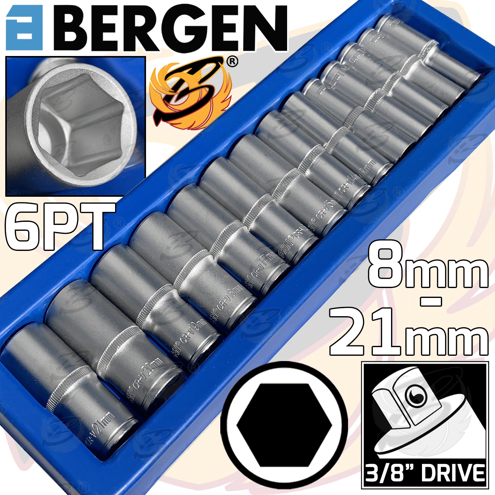 BERGEN 14PCS 3/8" DRIVE 6 POINT DEEP SOCKETS 8MM - 21MM ( SATIN FINISH )