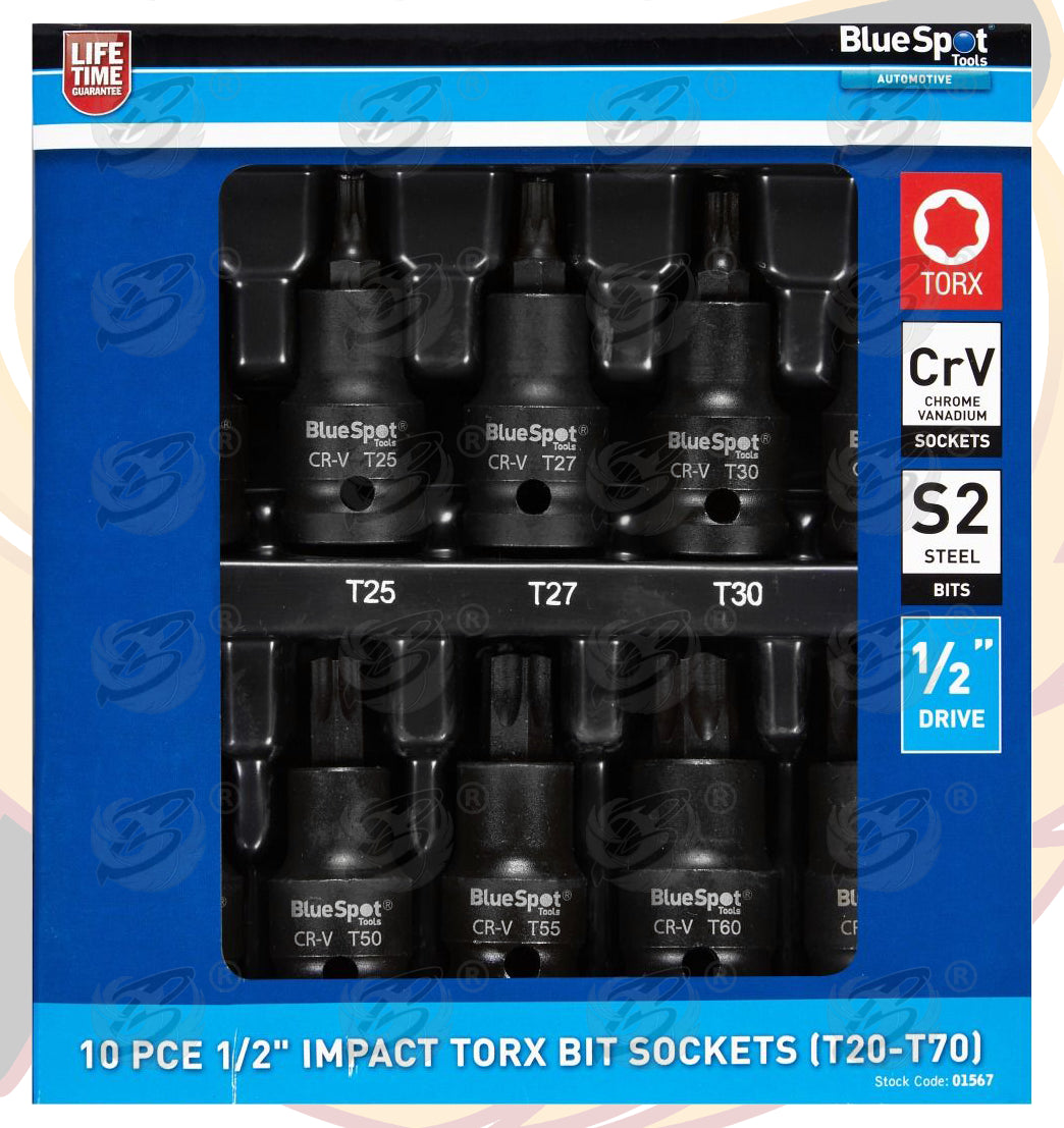 BLUESPOT 10PCS 1/2" DRIVE IMPACT TORX BIT SOCKETS T20 - T70