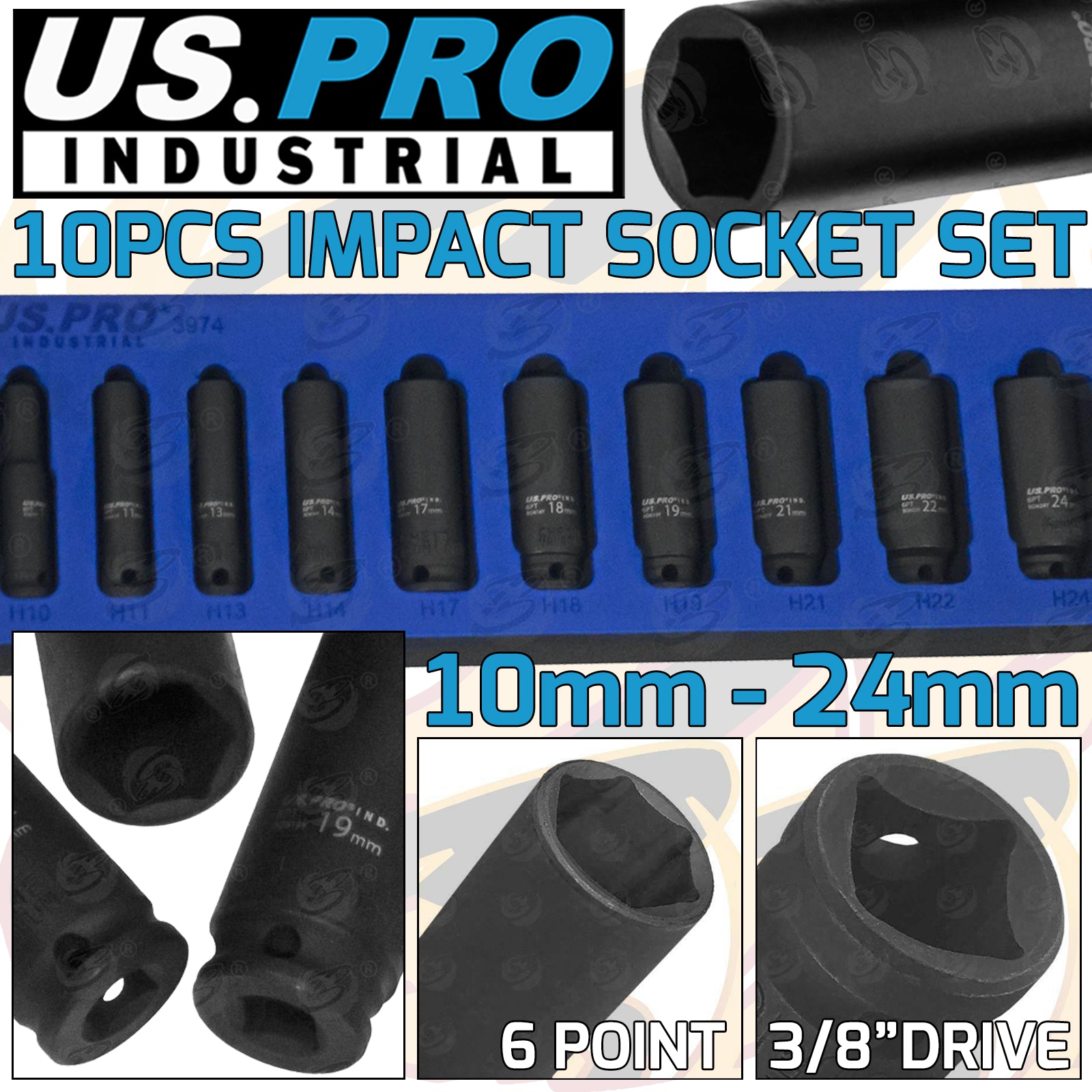 US PRO INDUSTRIAL 10PCS 3/8" DRIVE 6 POINT DEEP IMPACT SOCKETS 10MM - 24MM