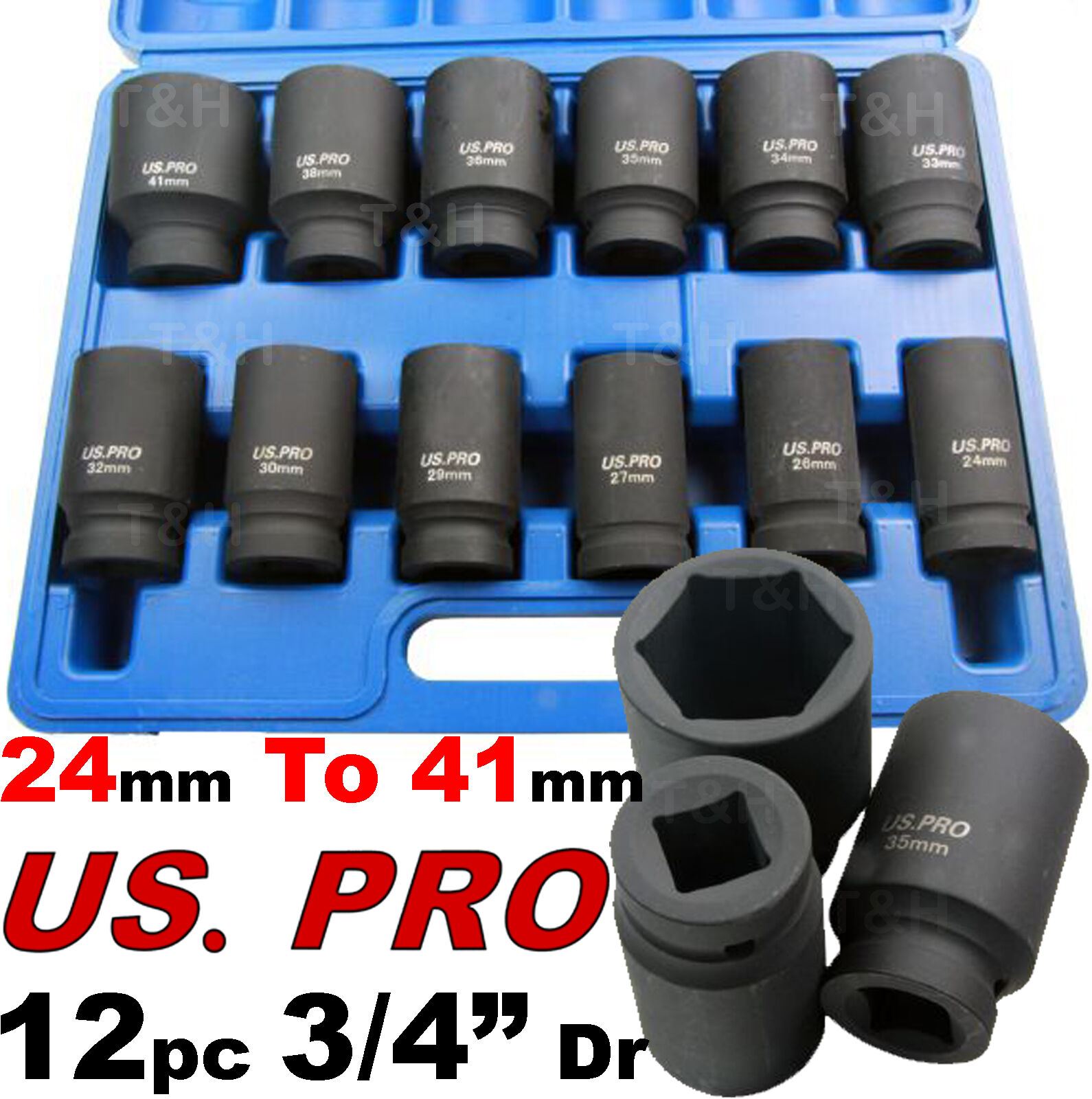 US PRO 12PCS 3/4" DRIVE 6 POINT DEEP IMPACT SOCKETS 24MM - 41MM