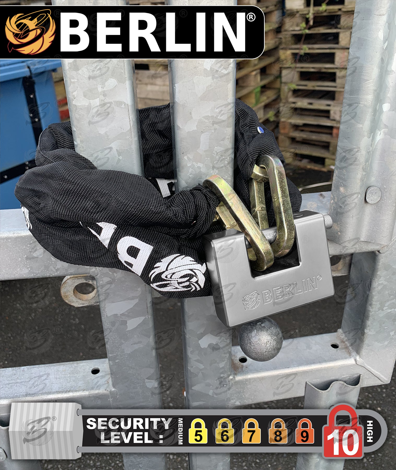 BERLIN 6FT LONG 10MM LINKS SECURITY CHAIN WITH 94MM HIGH SECURITY PADLOCK