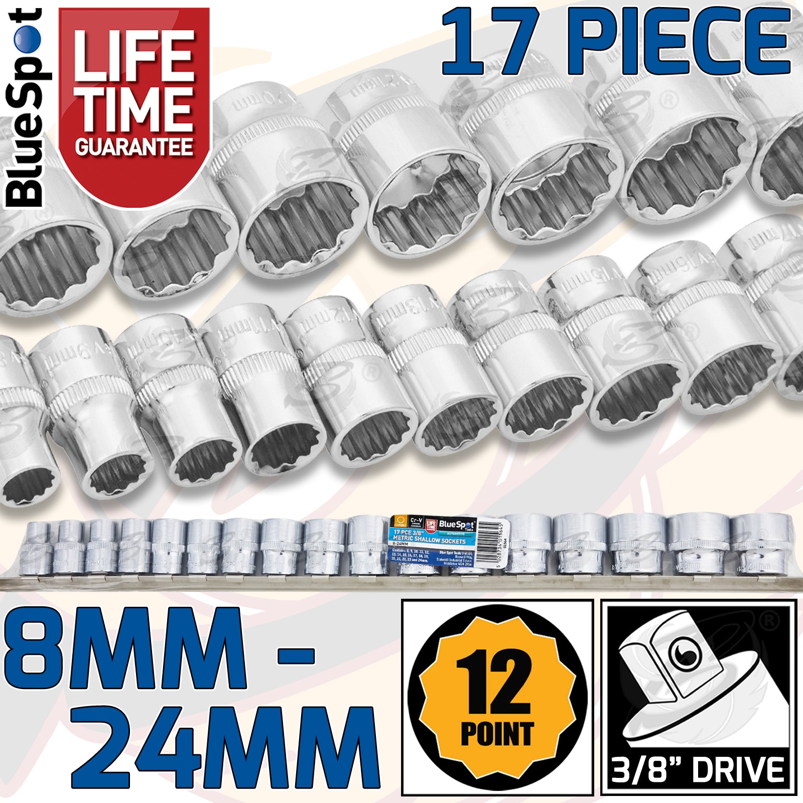 BLUESPOT 17PCS 3/8" DRIVE 12 POINT SHALLOW SOCKETS 8MM - 24MM