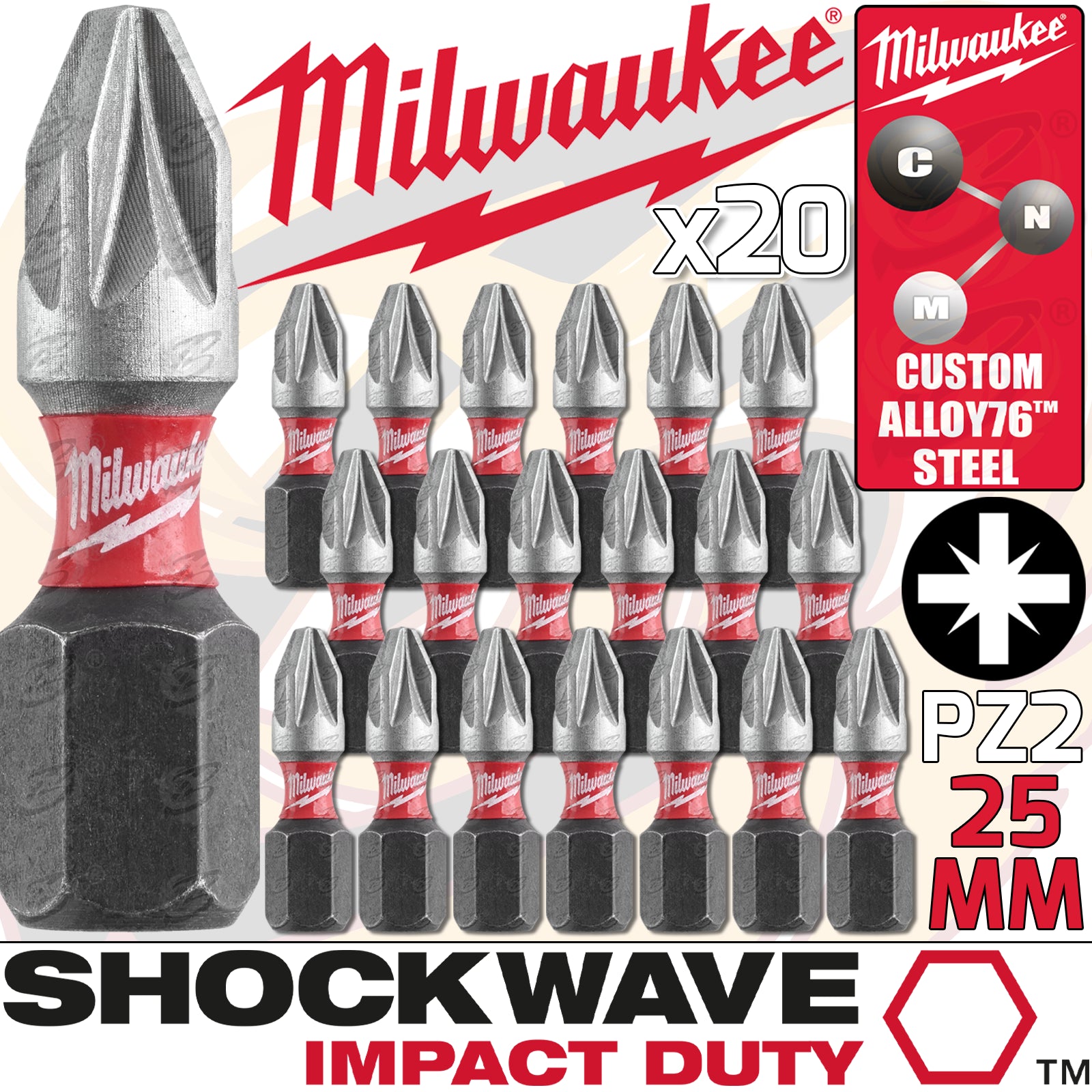 MILWAUKEE PZ2 x 25MM POZIDRIVE IMPACT DRILL / DRIVER BIT ( SHOCKWAVE IMPACT DUTY ) ( x 20 )