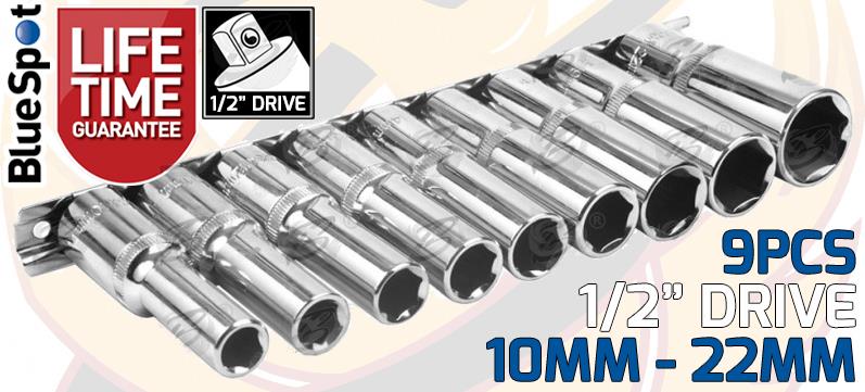 BLUESPOT 9PCS 1/2" DRIVE 6 POINT DEEP SOCKETS 10MM - 22MM