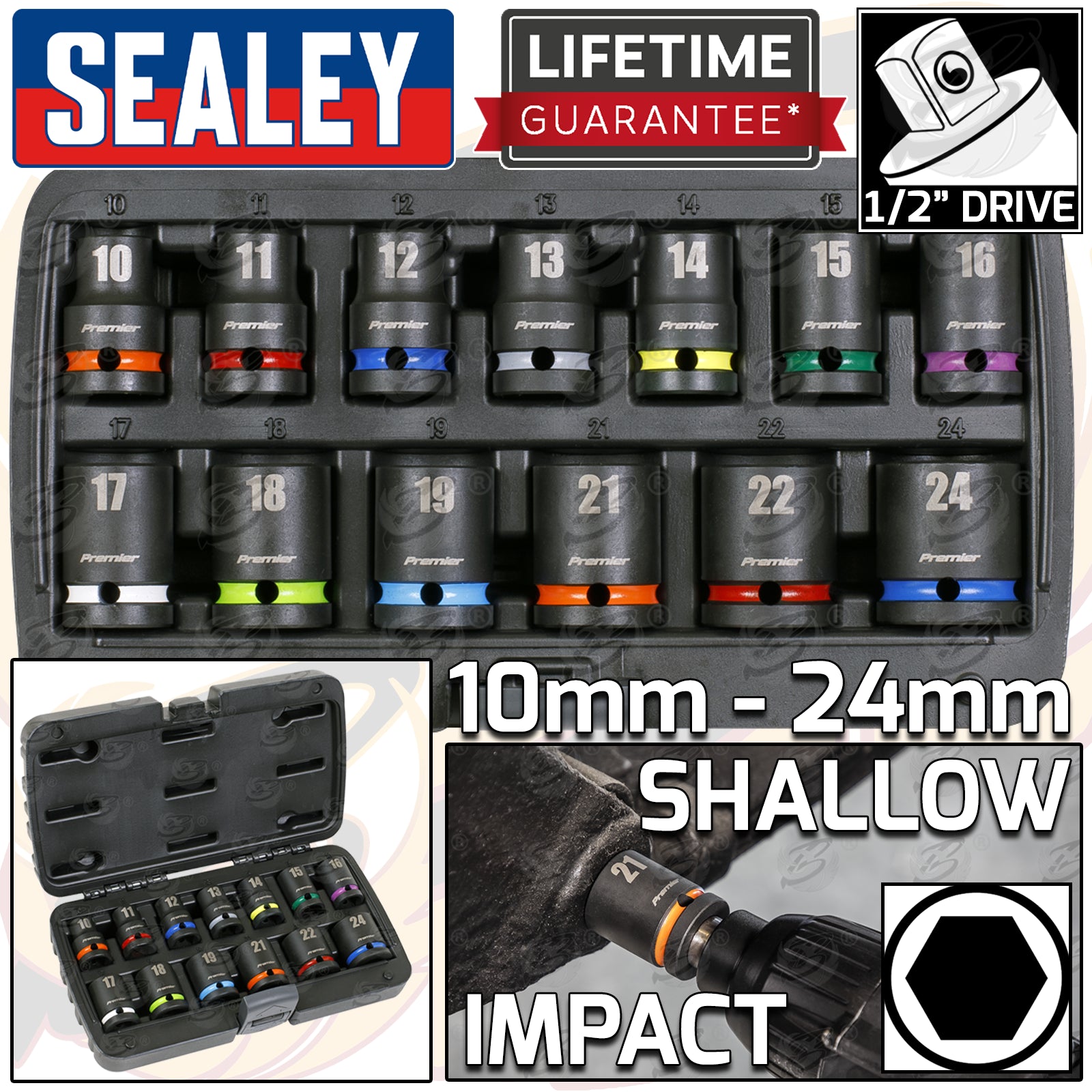 SEALEY 18V 4Ah 1/2" DRIVE BRUSHLESS CORDLESS IMPACT WRENCH 650Nm & 13PCS 6 POINT SHALLOW IMPACT SOCKETS 10MM - 24MM