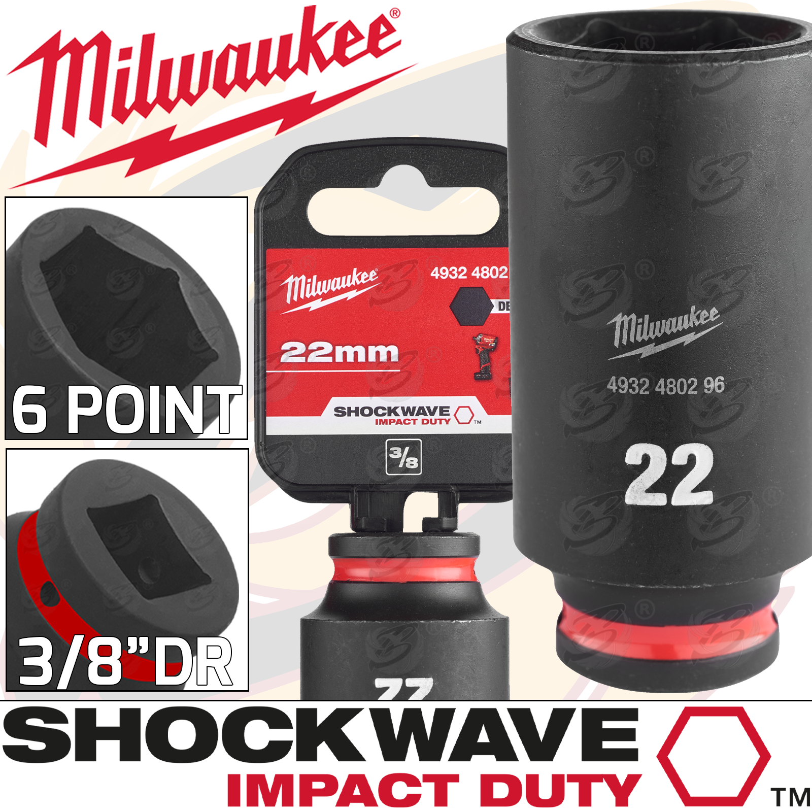 Milwaukee 22mm 3/8" Drive 6 Point Deep Impact Socket ( Single ) ( 4932480296 )