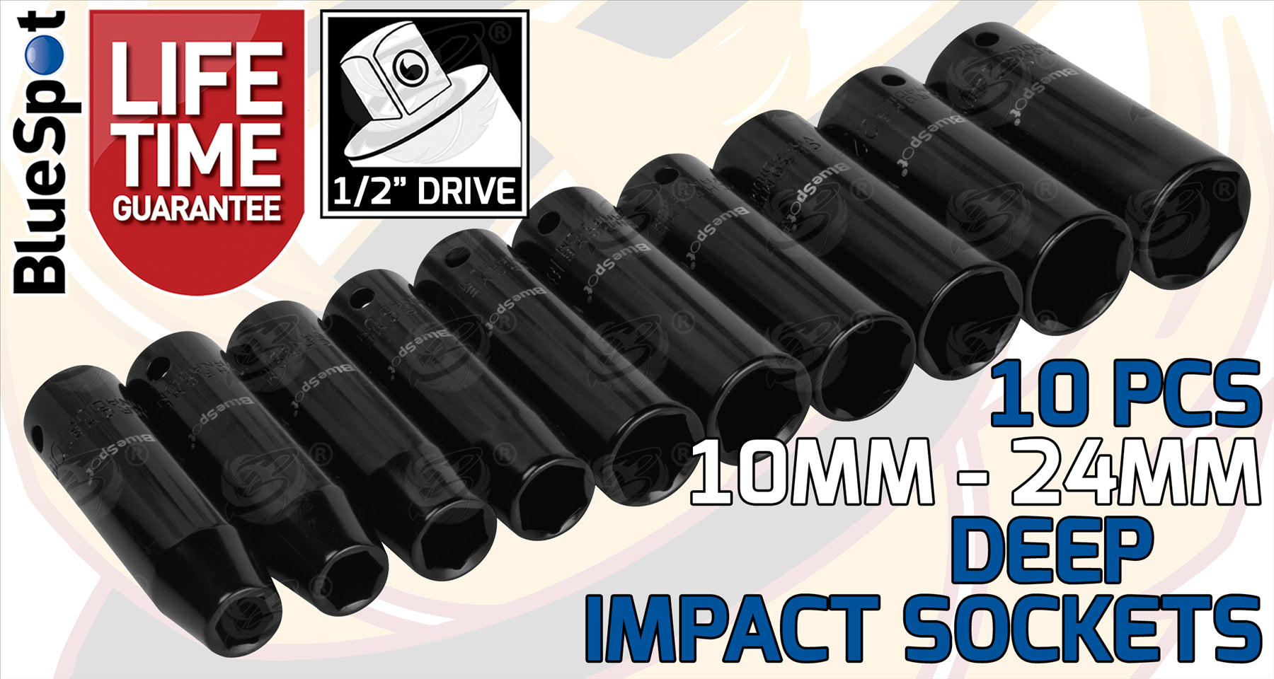 BLUESPOT 10PCS 1/2" DRIVE 6 POINT DEEP IMPACT SOCKETS 10MM - 24MM