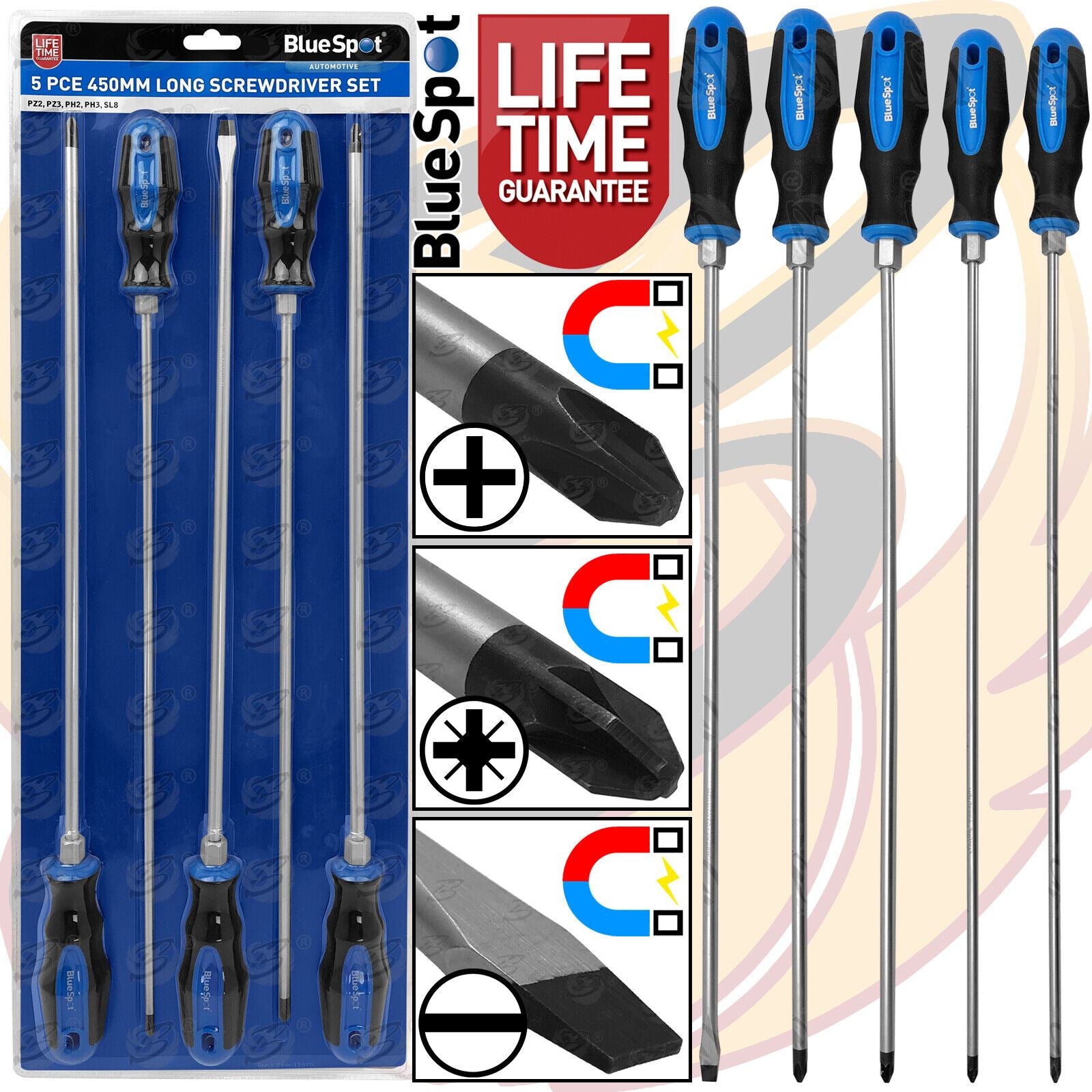 BlueSpot 5 Piece Extra Long Magnetic Screwdriver Set ( Slotted - PHillips - Pozidrive ) 12070