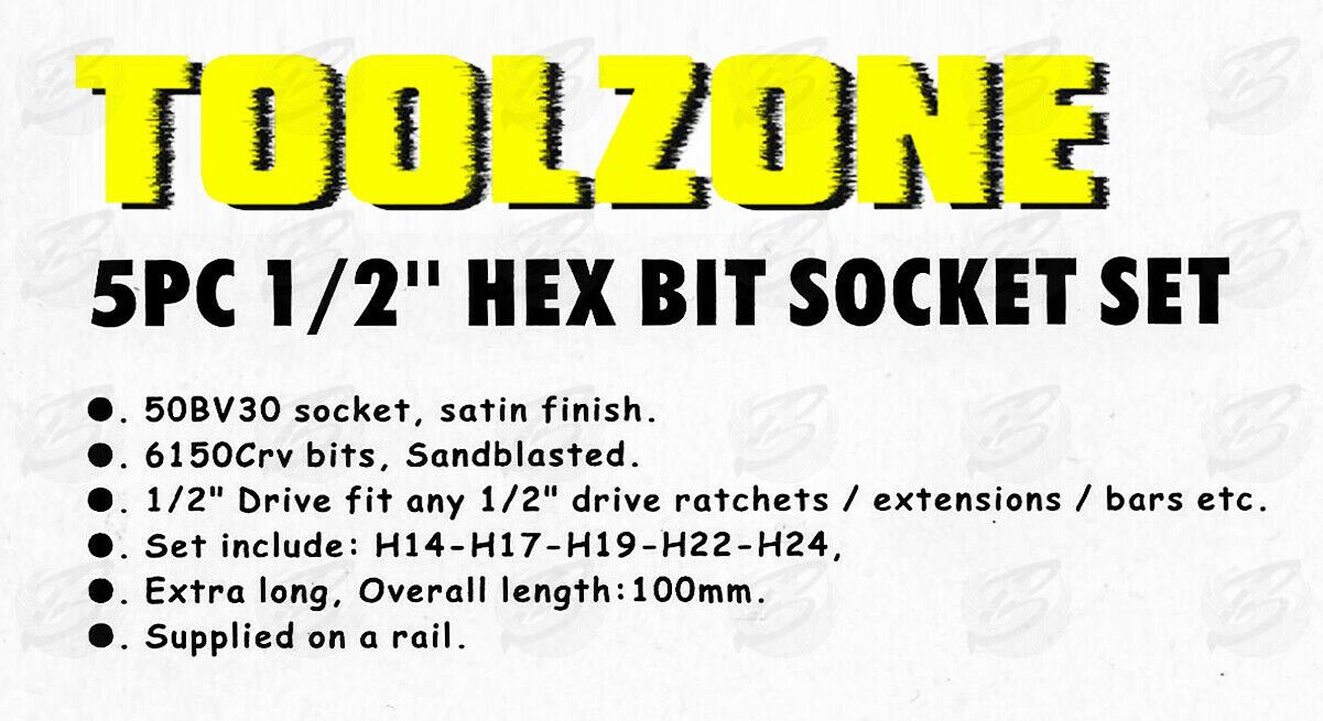 TOOLZONE 5PCS 1/2" DRIVE EXTRA LARGE HEX BIT SOCKETS H14 - H24